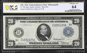 image for: Fr. 996. 1914 $20 Federal Reserve Note. Minneapolis. PCGS Banknote Choice Uncirculated 64.