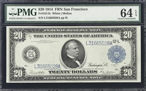 image for: Fr. 1011b. 1914 $20 Federal Reserve Note. San Francisco. PMG Choice Uncirculated 64 EPQ.