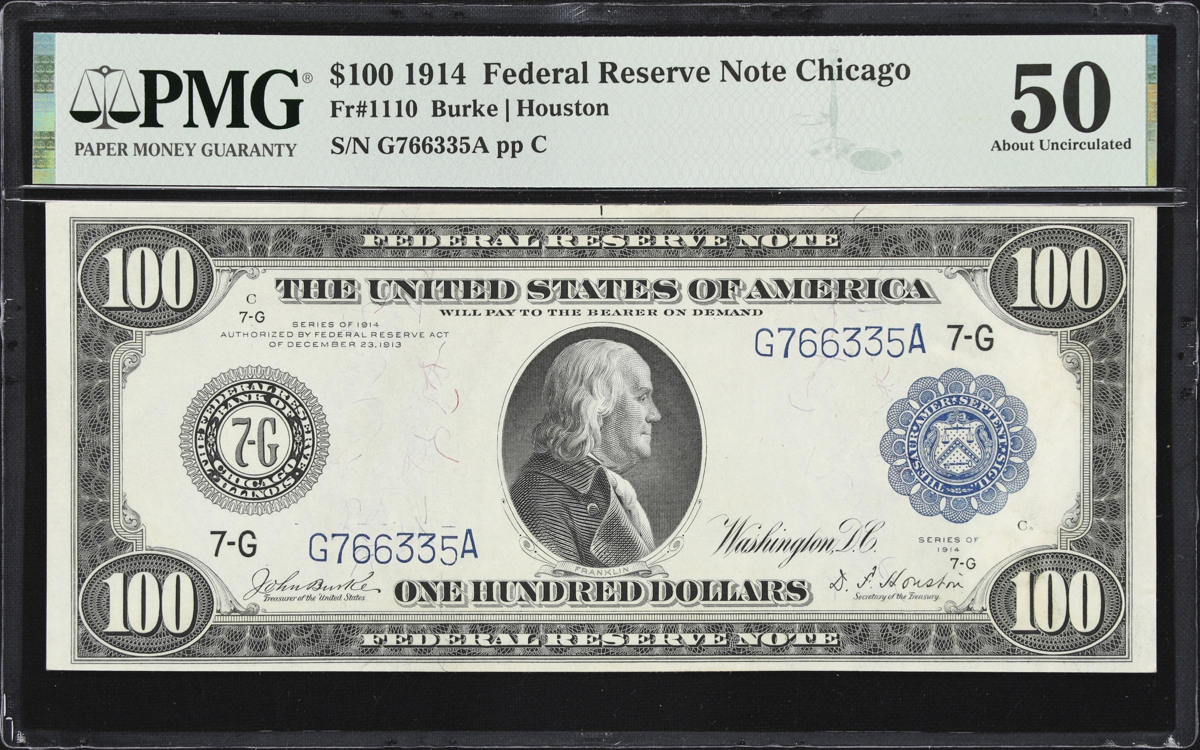 image for: Fr. 1110. 1914 $100 Federal Reserve Note. Chicago. PMG About Uncirculated 50.