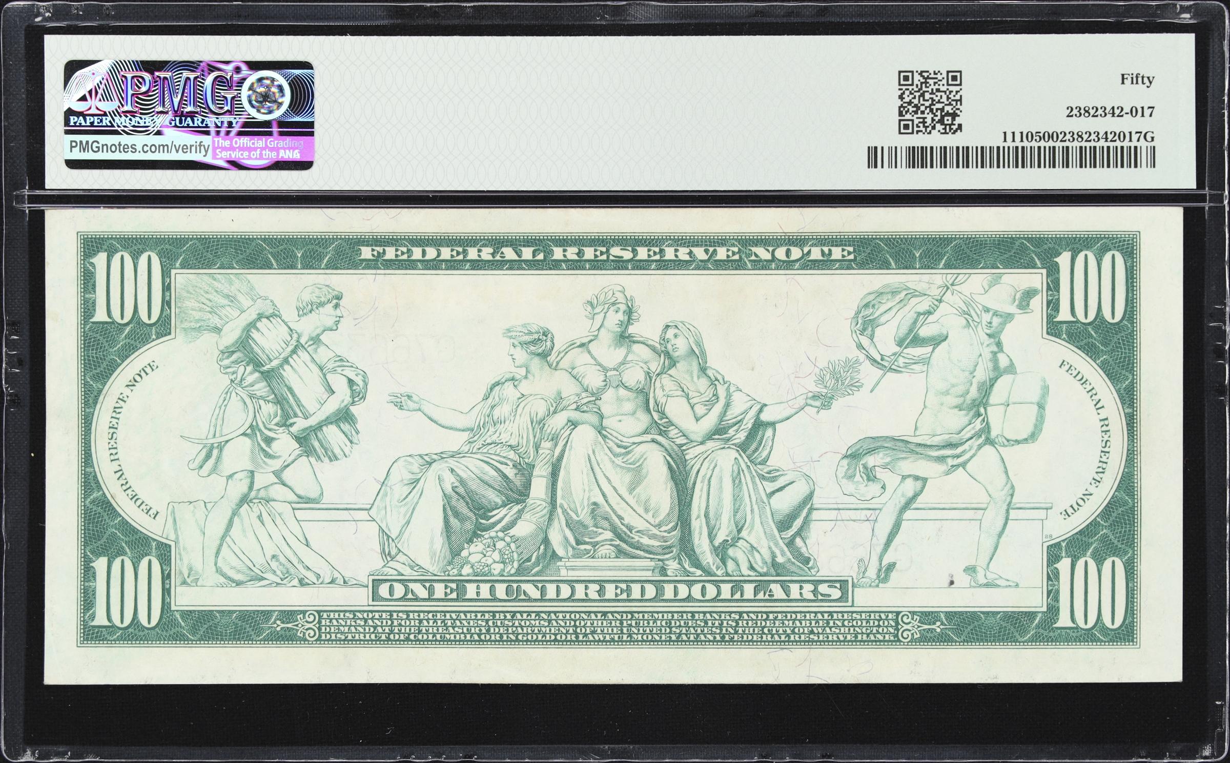 image for: Fr. 1110. 1914 $100 Federal Reserve Note. Chicago. PMG About Uncirculated 50.