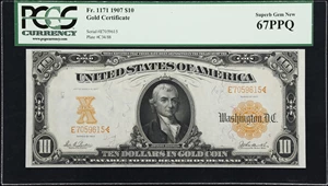 image for: Fr. 1171. 1907 $10 Gold Certificate. PCGS Currency Superb Gem New 67 PPQ.