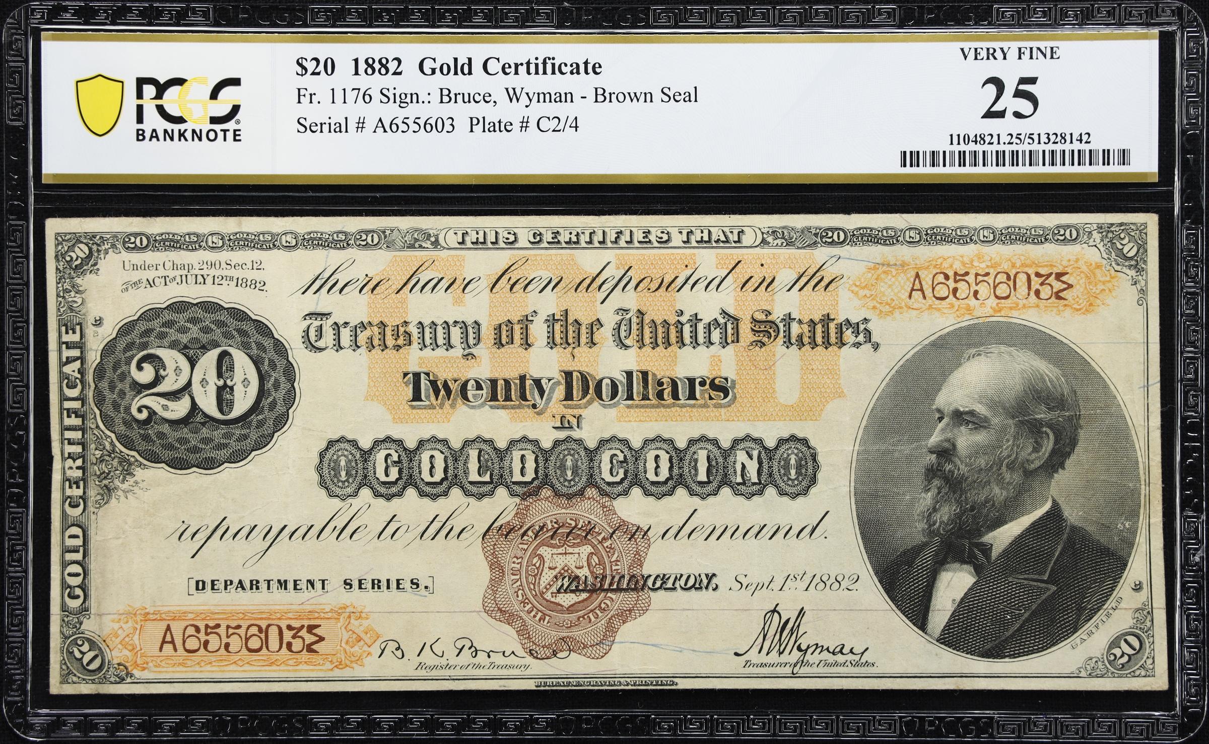 image for: Fr. 1176. 1882 $20 Gold Certificate. PCGS Banknote Very Fine 25.