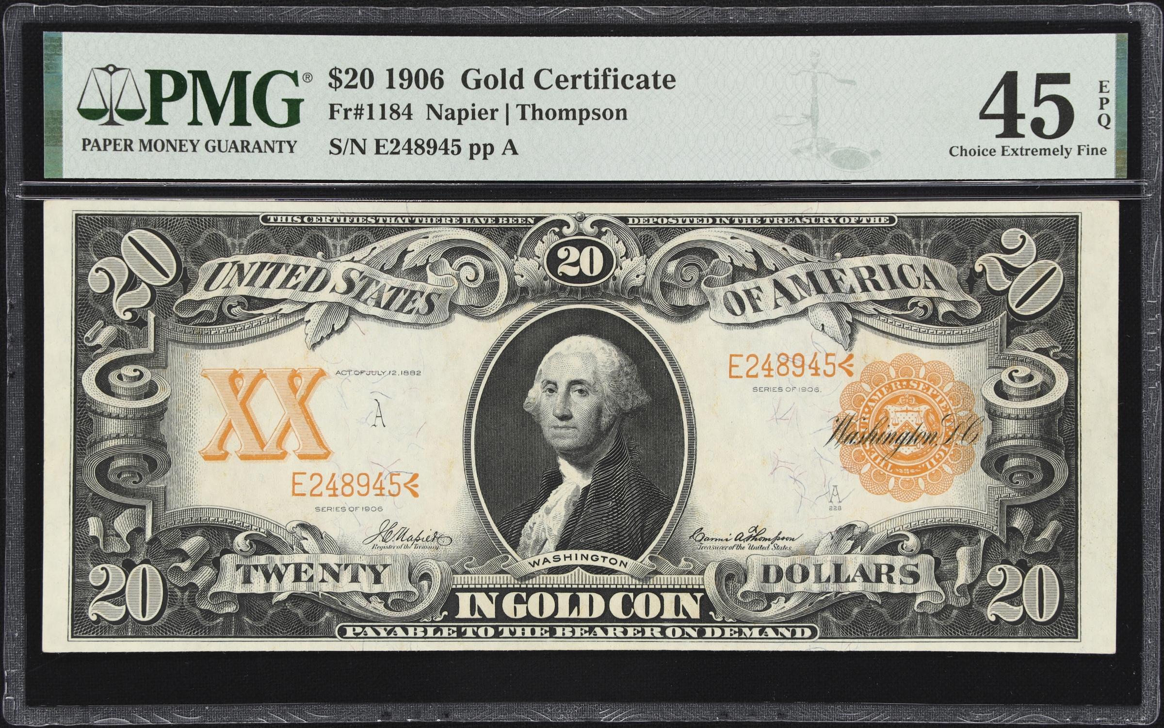 image for: Fr. 1184. 1906 $20 Gold Certificate. PMG Choice Extremely Fine 45 EPQ.