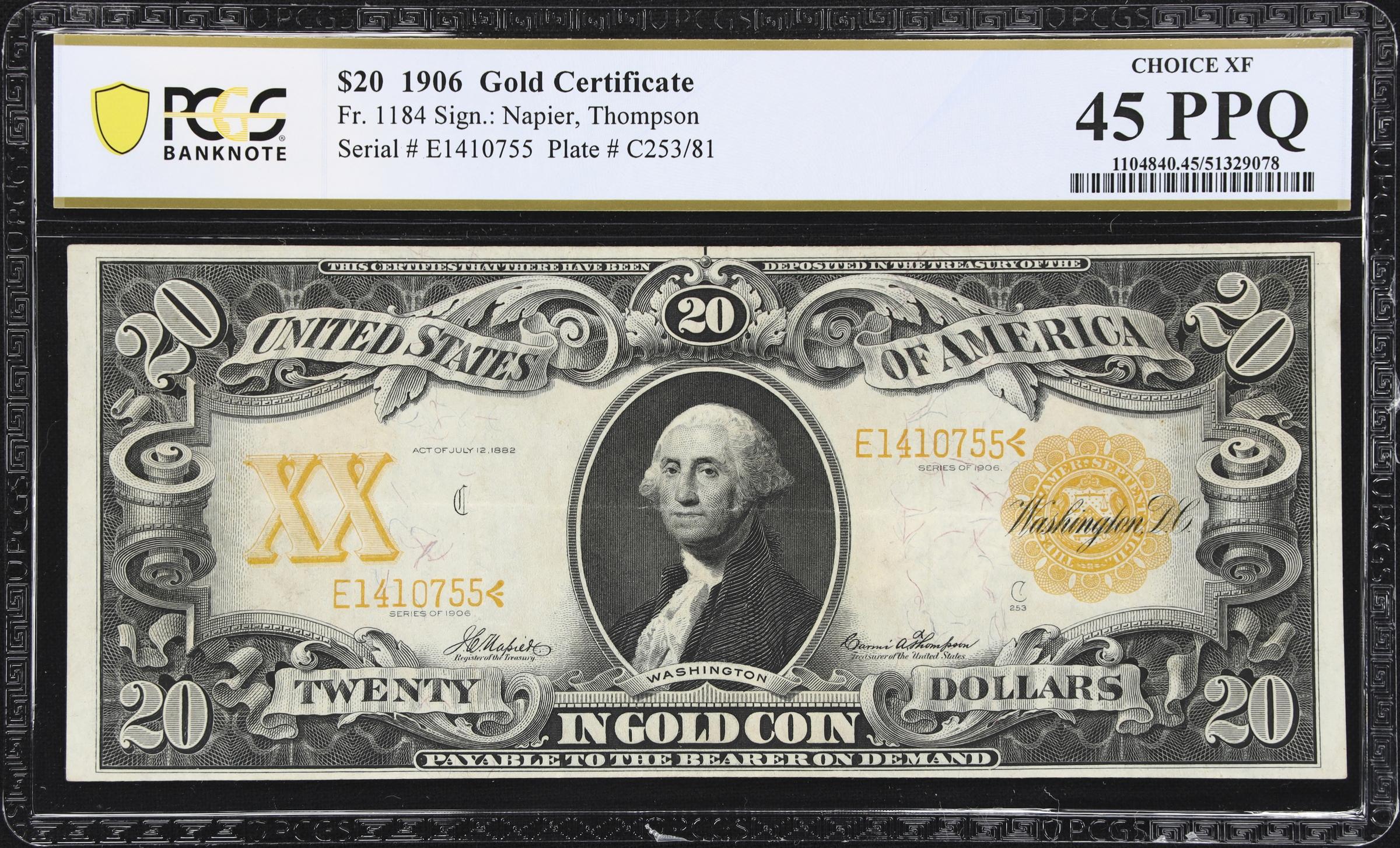 image for: Fr. 1184. 1906 $20 Gold Certificate. PCGS Banknote Choice Extremely Fine 45 PPQ.