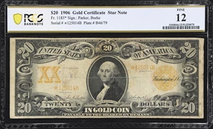 image for: Fr. 1185*. 1906 $20 Gold Certificate Star Note. PCGS Banknote Fine 12.
