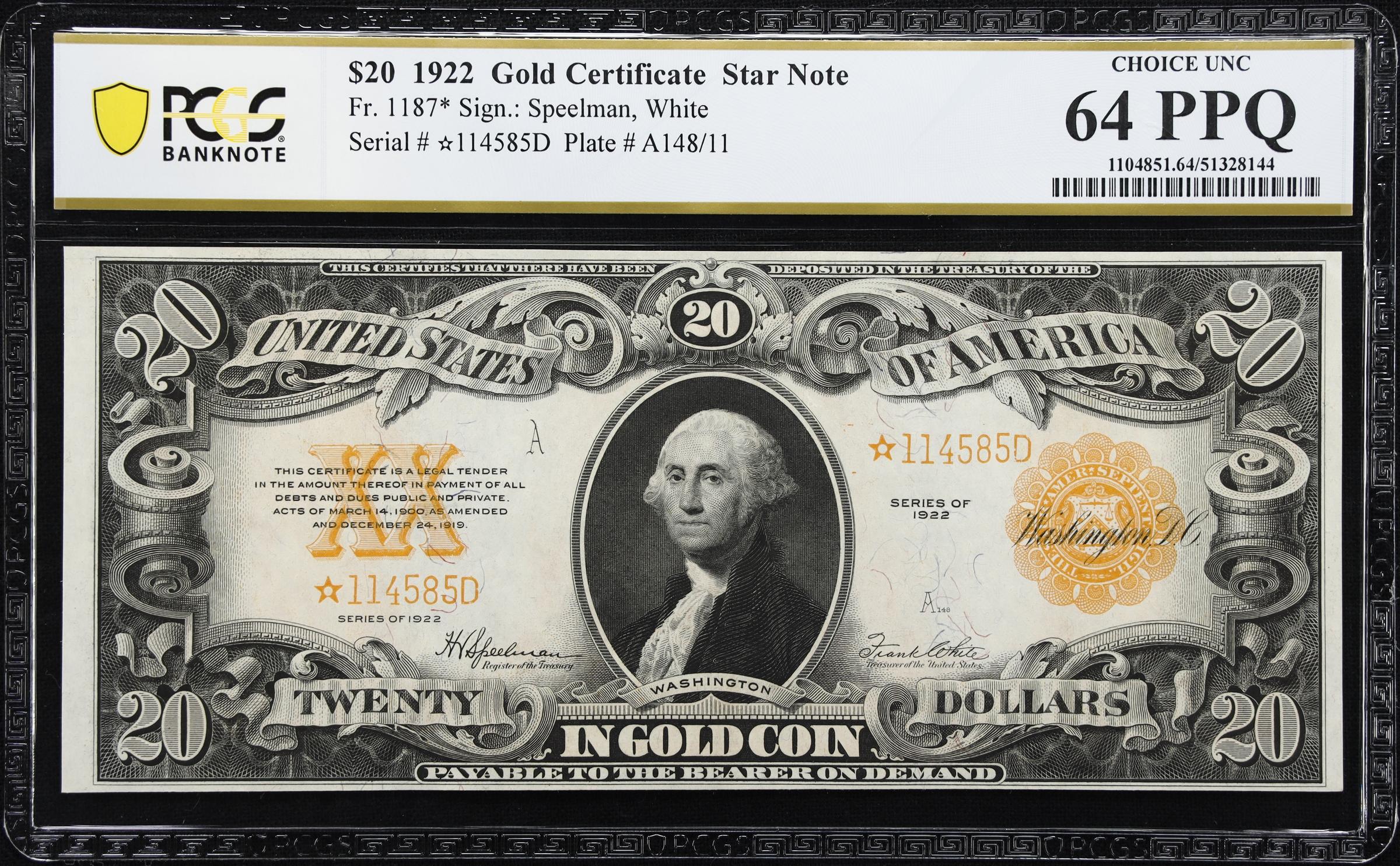 image for: Fr. 1187*. 1922 $20 Gold Certificate Star Note. PCGS Banknote Choice Uncirculated 64 PPQ.