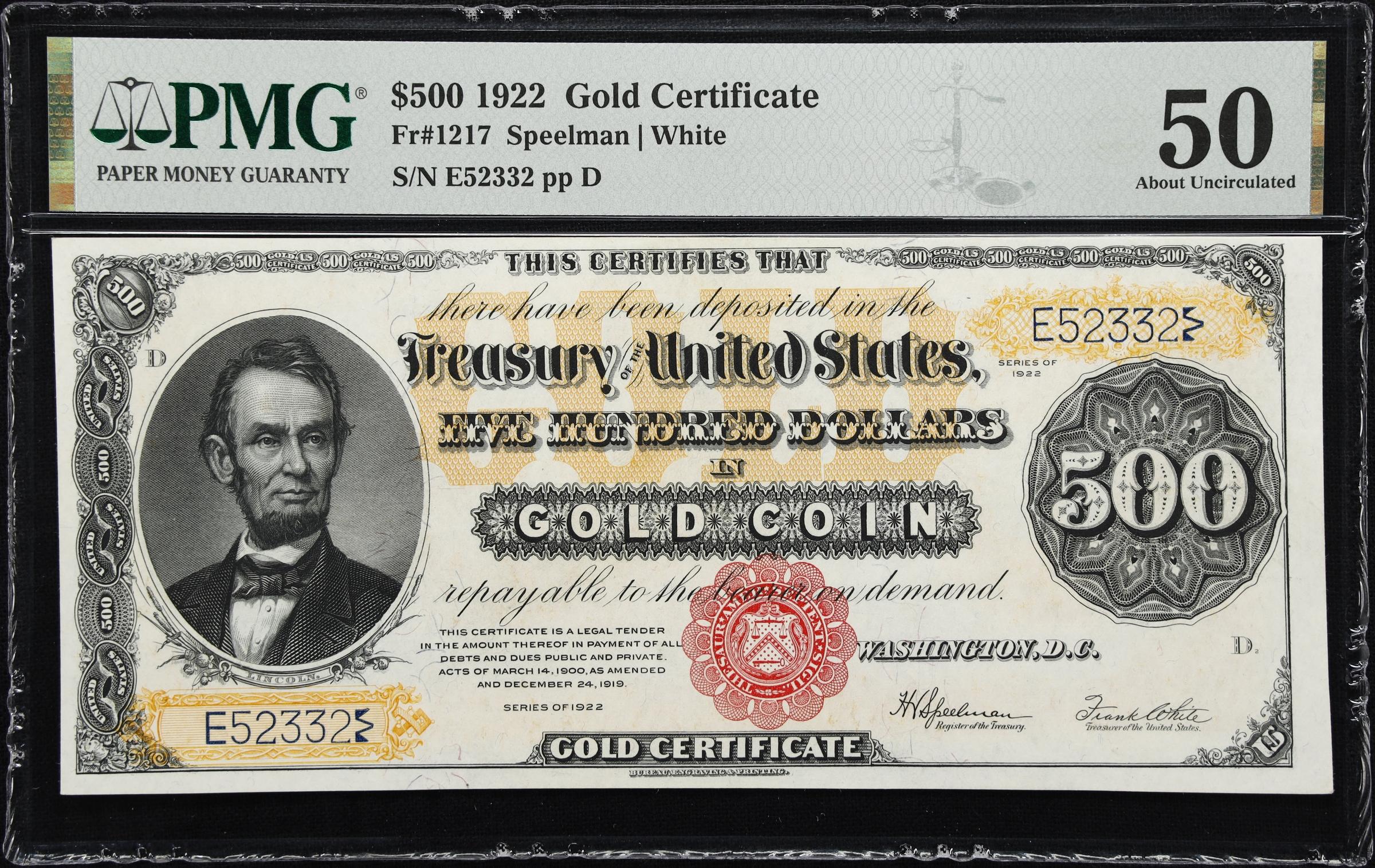 image for: Fr. 1217. 1922 $500 Gold Certificate. PMG About Uncirculated 50.