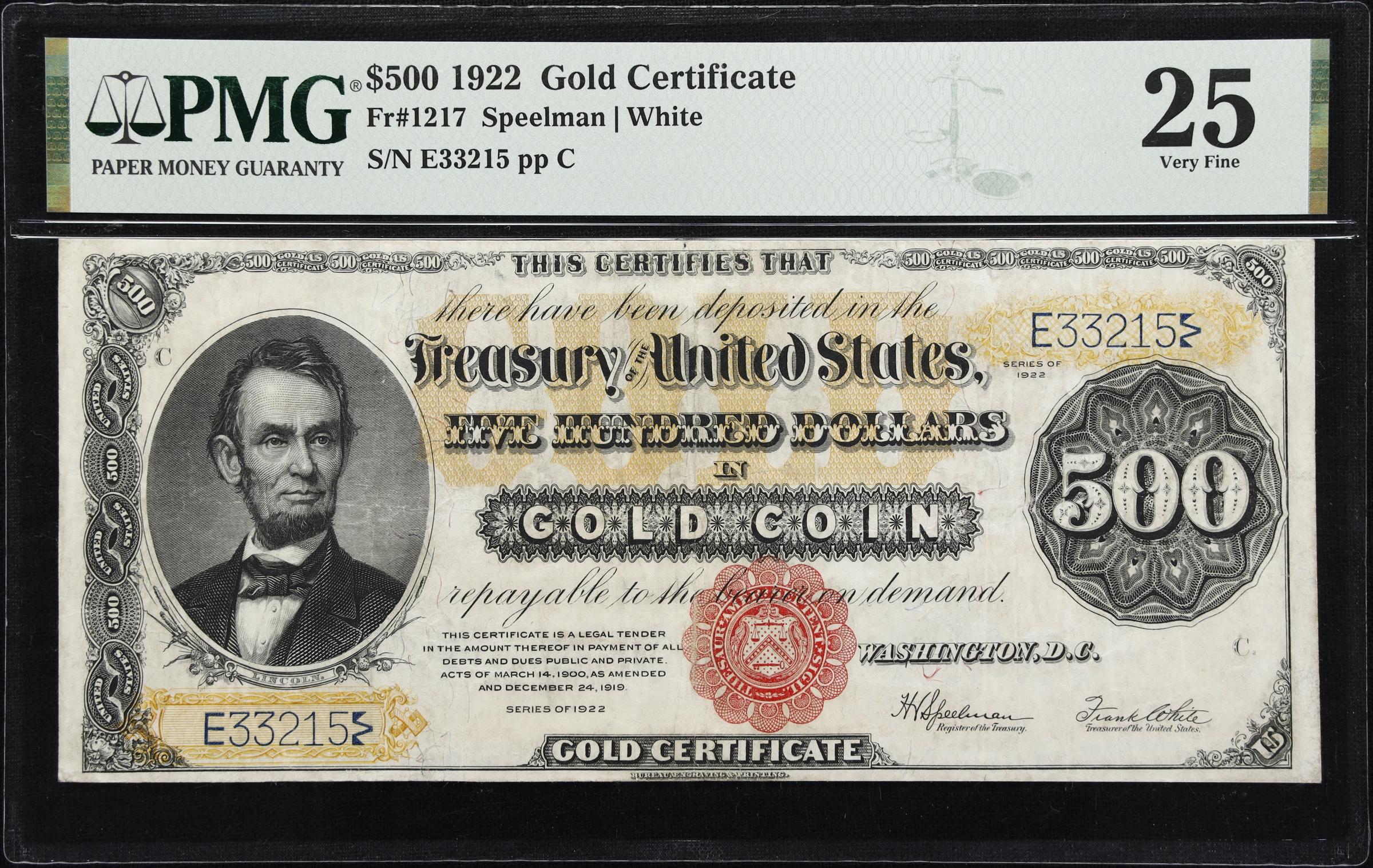 image for: Fr. 1217. 1922 $500 Gold Certificate. PMG Very Fine 25.
