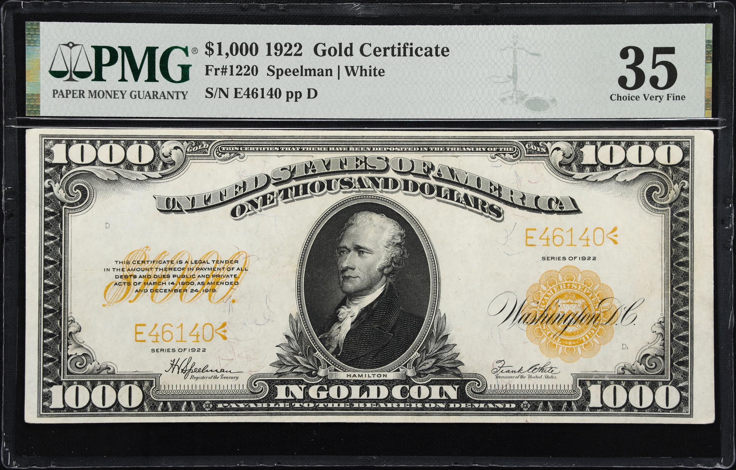 image for: Fr. 1220. 1922 $1000 Gold Certificate. PMG Choice Very Fine 35.