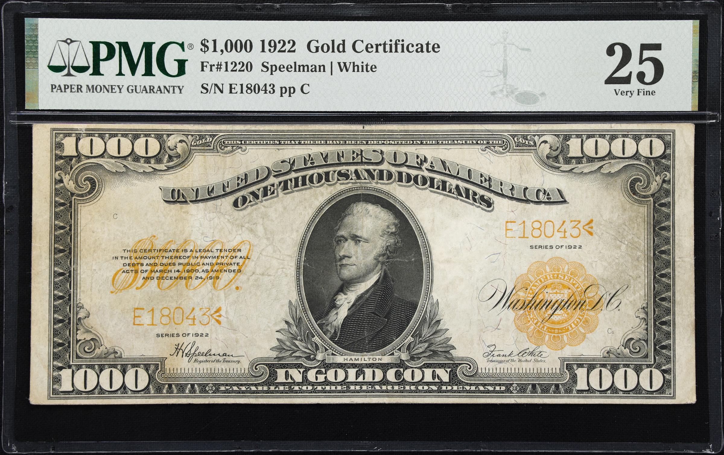 image for: Fr. 1220. 1922 $1000 Gold Certificate. PMG Very Fine 25.