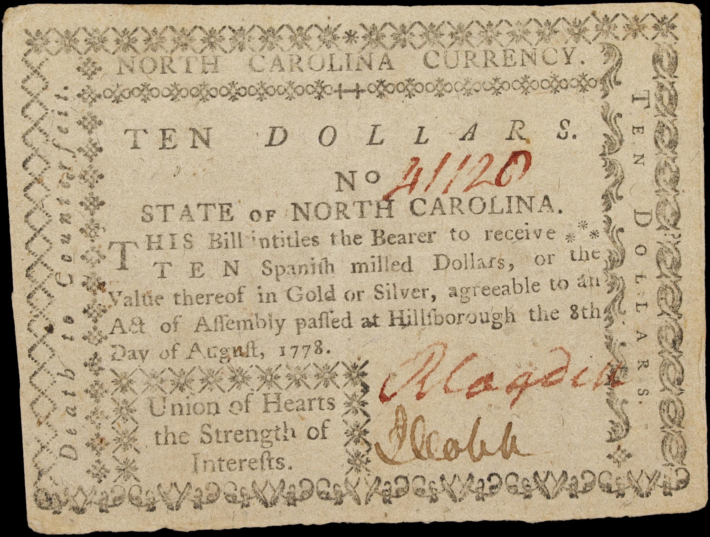 image for: NC-177. North Carolina. August 8, 1778. $10. Extremely Fine.
