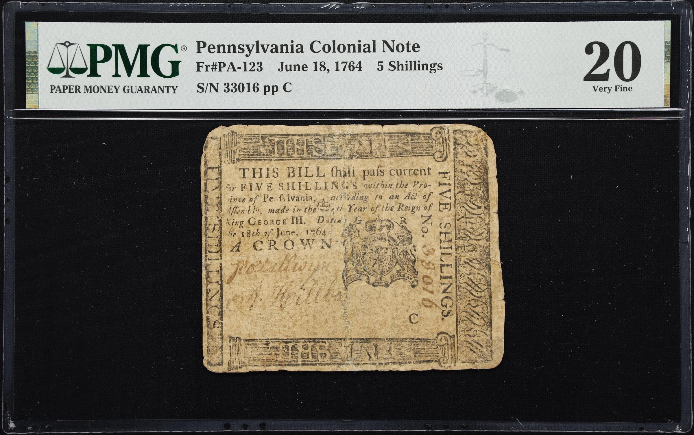 image for: PA-123. Pennsylvania. June 18, 1764. 5 Shillings. PMG Very Fine 20.