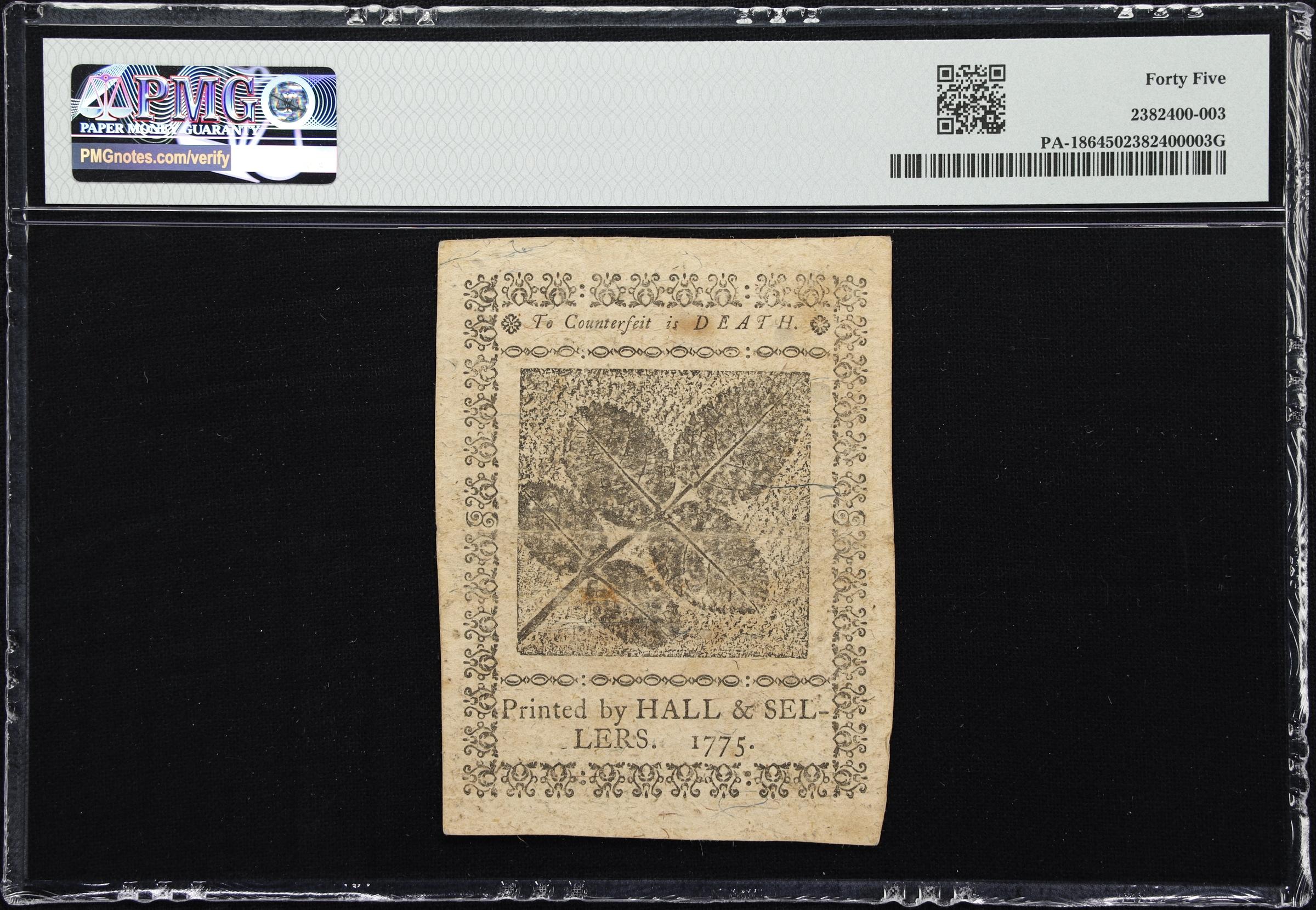 image for: PA-186. Pennsylvania. October 25, 1775. 18 Pence. PMG Choice Extremely Fine 45.