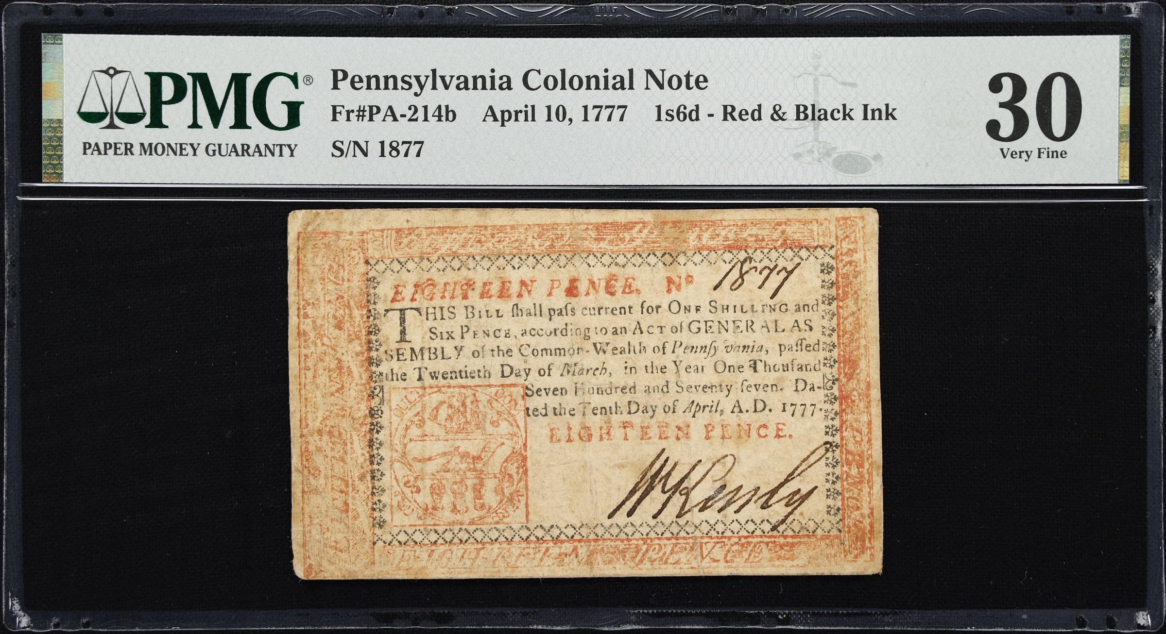 image for: PA-214b. Pennsylvania. April 10, 1777. 1 Shilling, 6 Pence. PMG Very Fine 30.