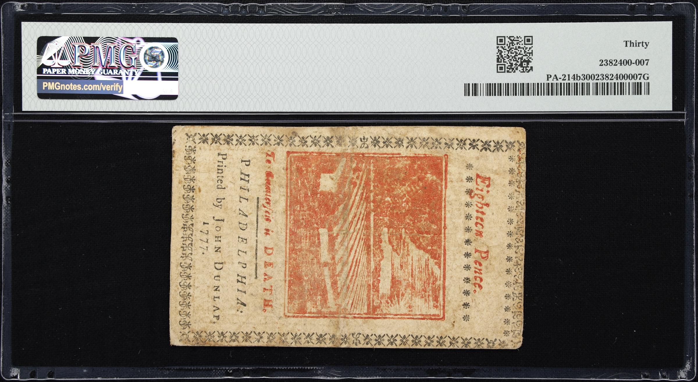 image for: PA-214b. Pennsylvania. April 10, 1777. 1 Shilling, 6 Pence. PMG Very Fine 30.