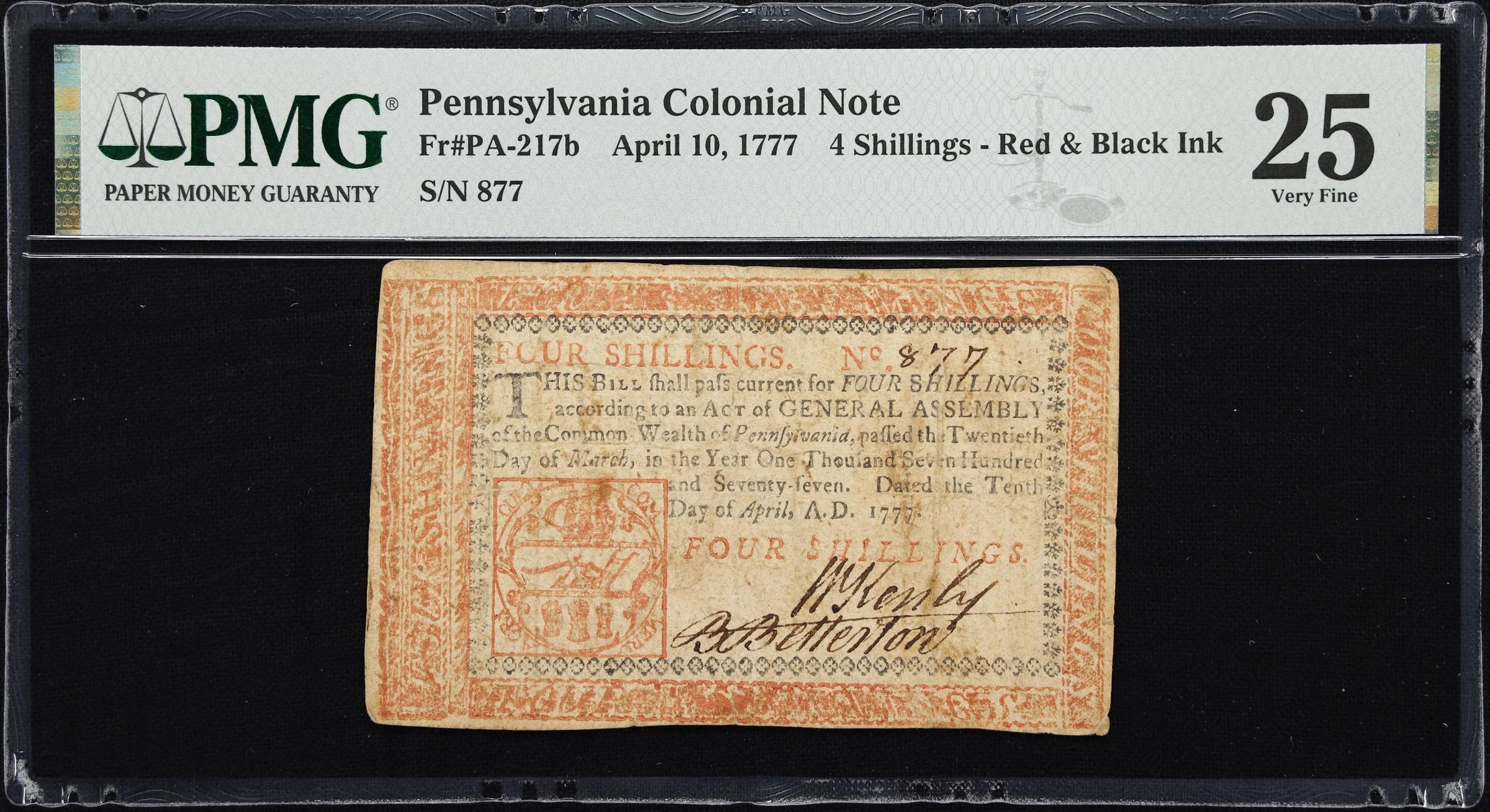 image for: PA-217b. Pennsylvania. April 10, 1777. 4 Shillings. PMG Very Fine 25.