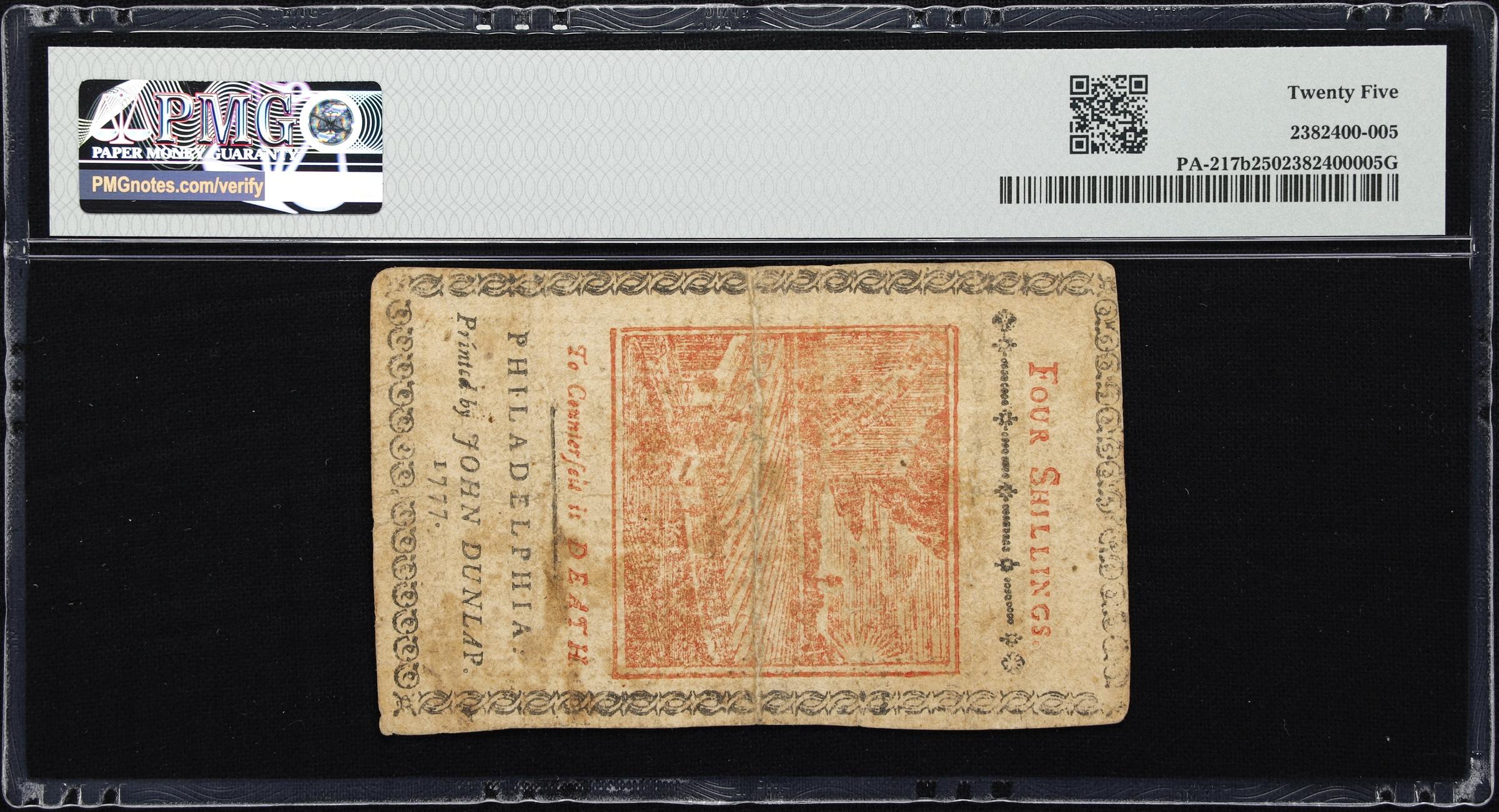 image for: PA-217b. Pennsylvania. April 10, 1777. 4 Shillings. PMG Very Fine 25.