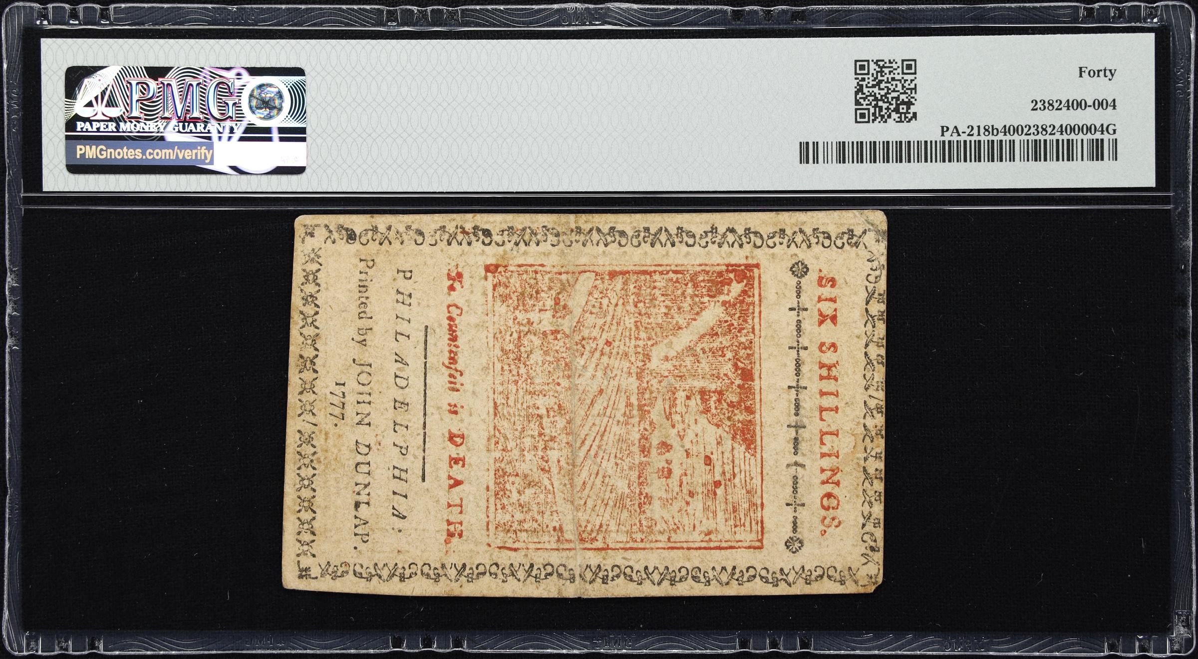 image for: PA-218b. Pennsylvania. April 10, 1777. 6 Shillings. PMG Extremely Fine 40.