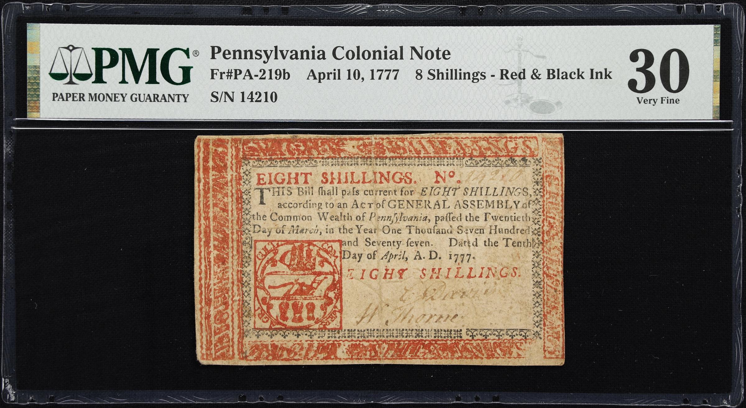 image for: PA-219b. Pennsylvania. April 10, 1777. 8 Shillings. PMG Very Fine 30.