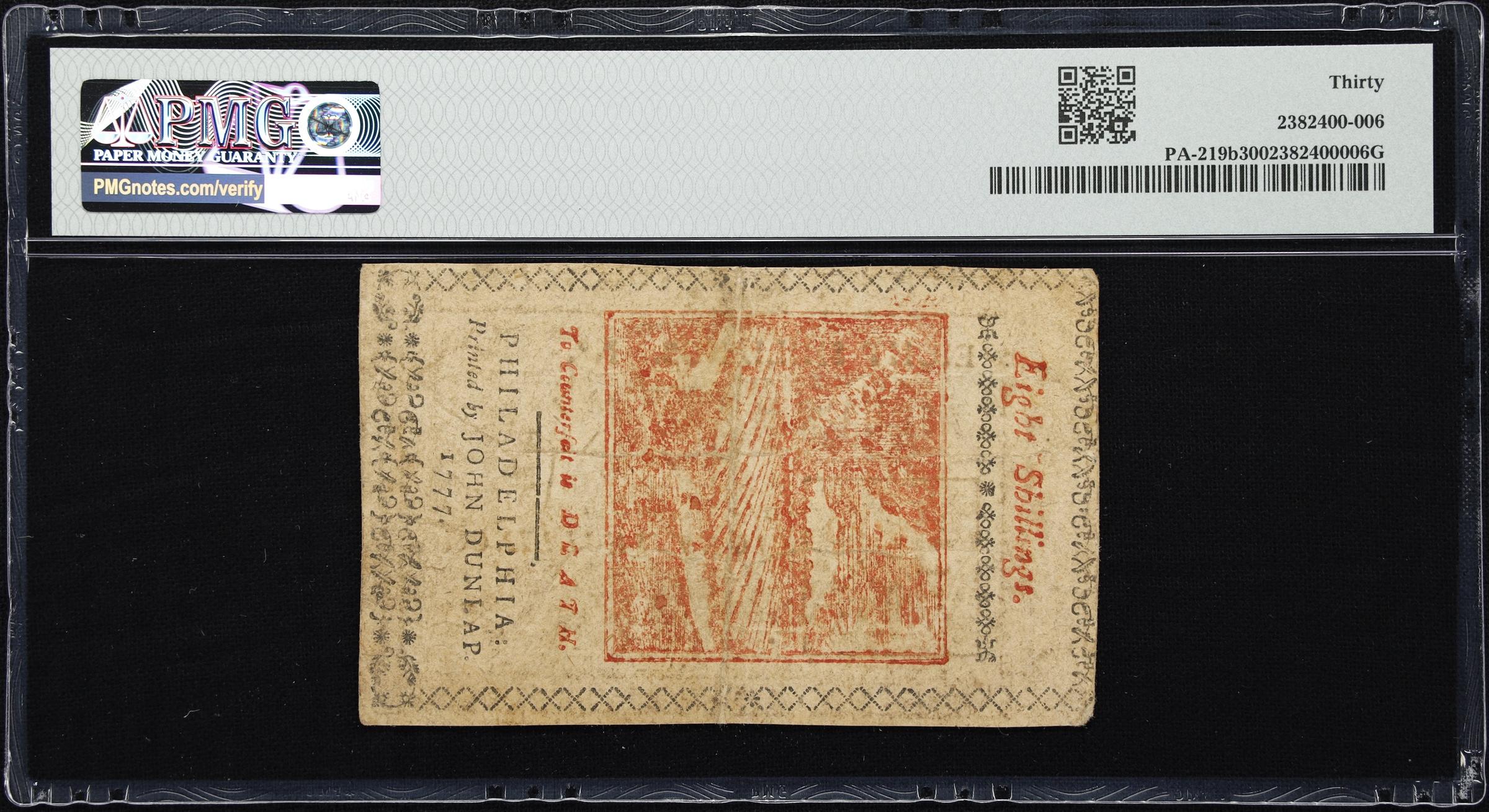 image for: PA-219b. Pennsylvania. April 10, 1777. 8 Shillings. PMG Very Fine 30.