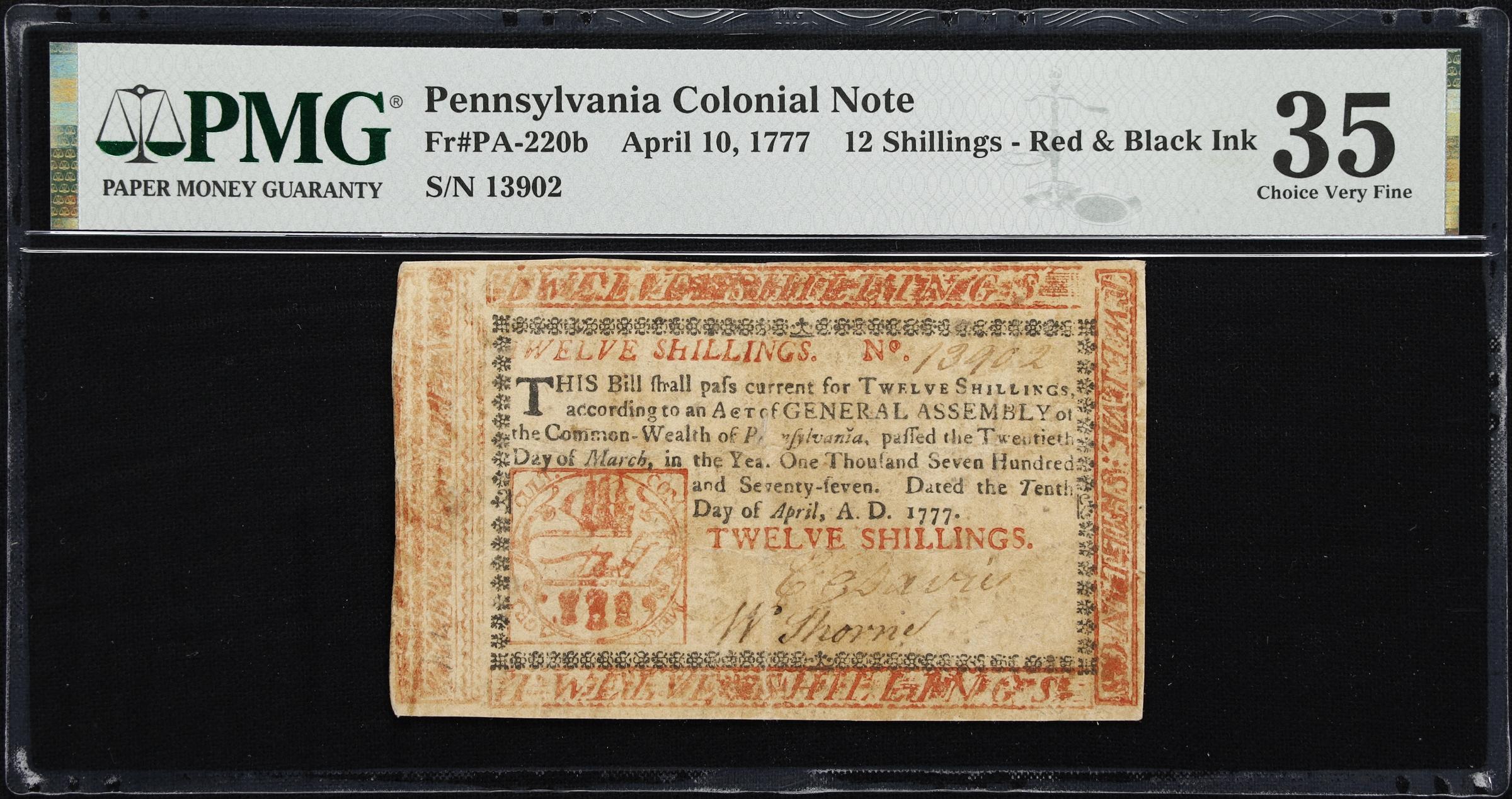 image for: PA-220b. Pennsylvania. April 10, 1777. 12 Shillings. PMG Choice Very Fine 35.