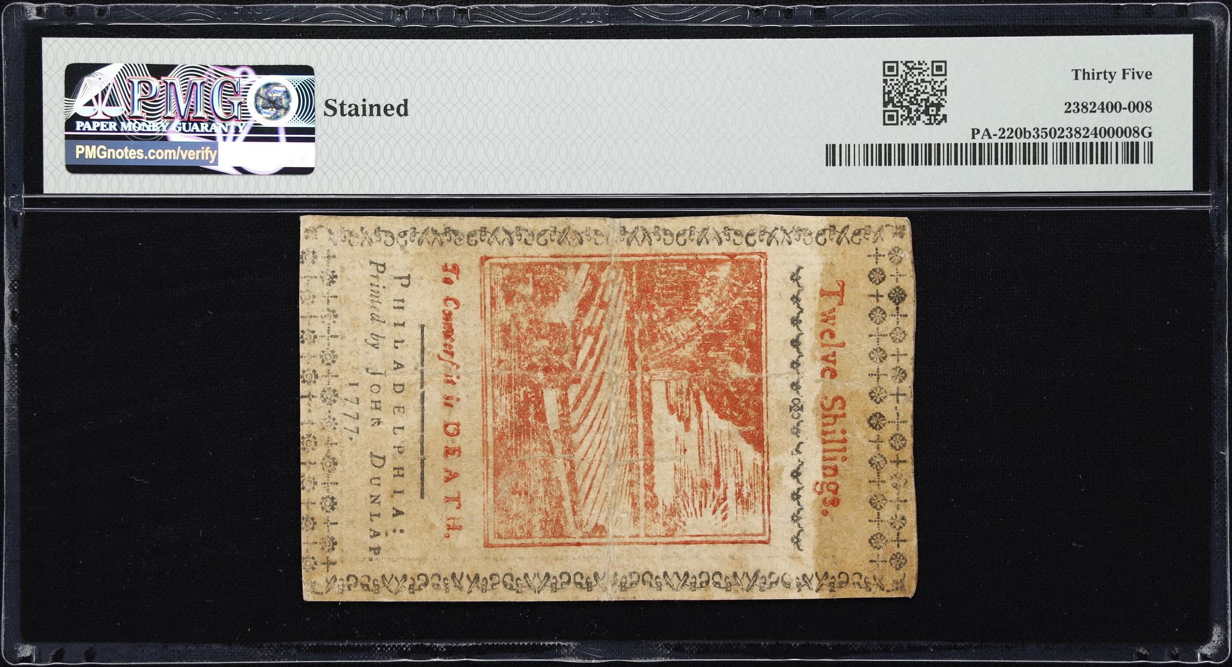 image for: PA-220b. Pennsylvania. April 10, 1777. 12 Shillings. PMG Choice Very Fine 35.