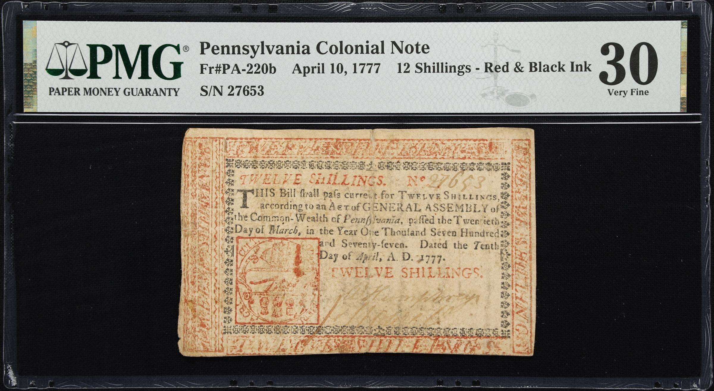 image for: PA-220b. Pennsylvania. April 10, 1777. 12 Shillings. PMG Very Fine 30.