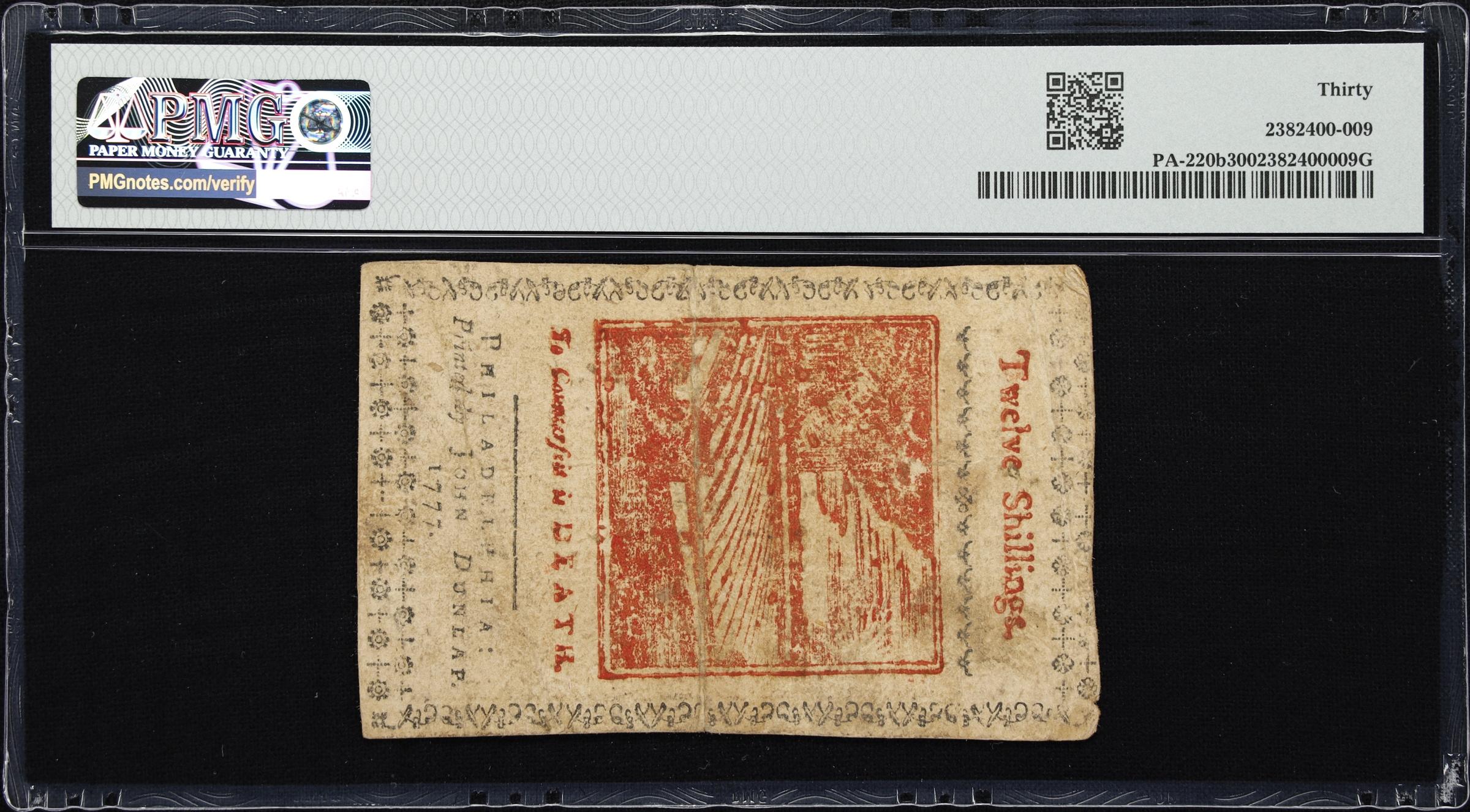 image for: PA-220b. Pennsylvania. April 10, 1777. 12 Shillings. PMG Very Fine 30.