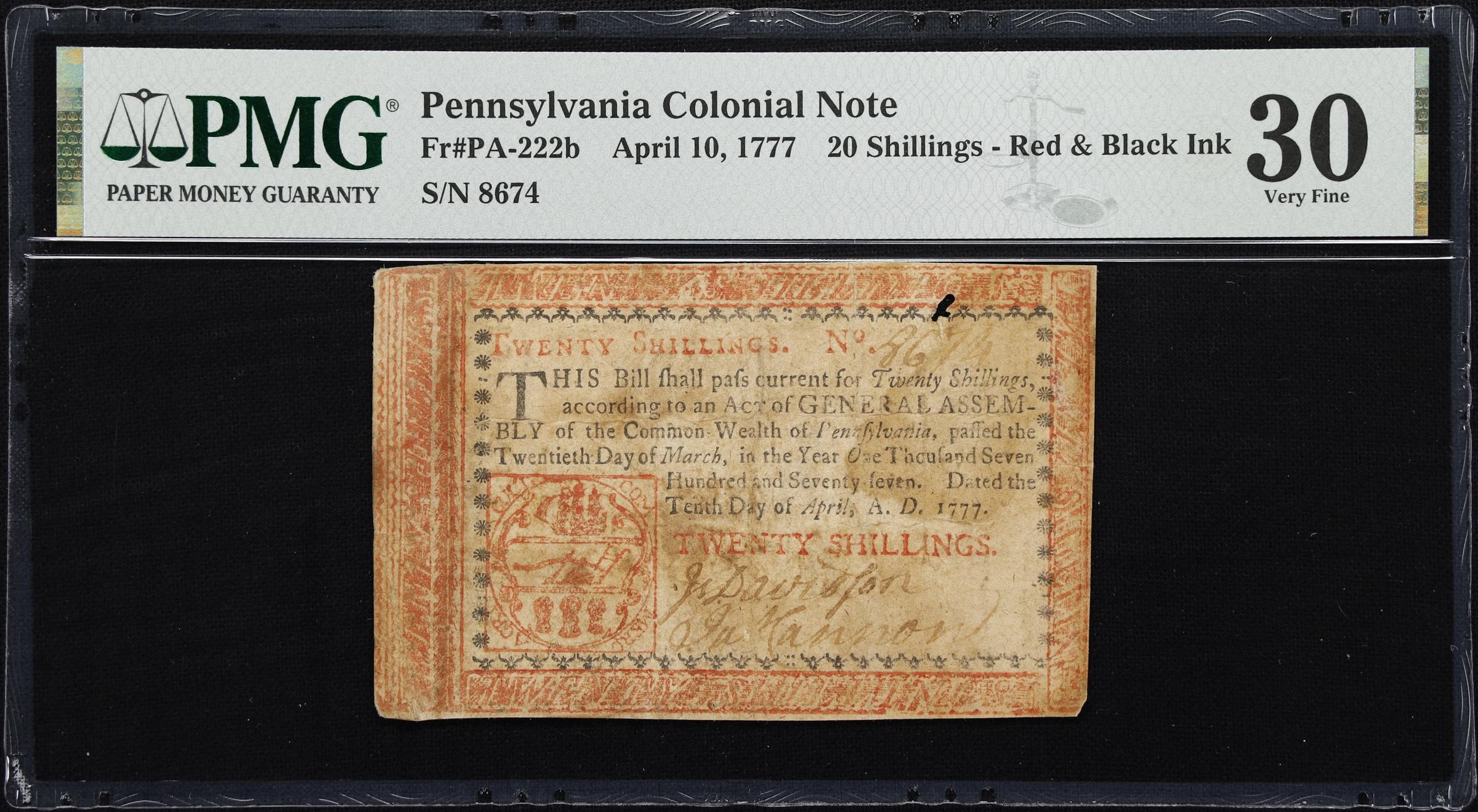 image for: PA-222b. Pennsylvania. April 10, 1777. 20 Shillings. PMG Very Fine 30.