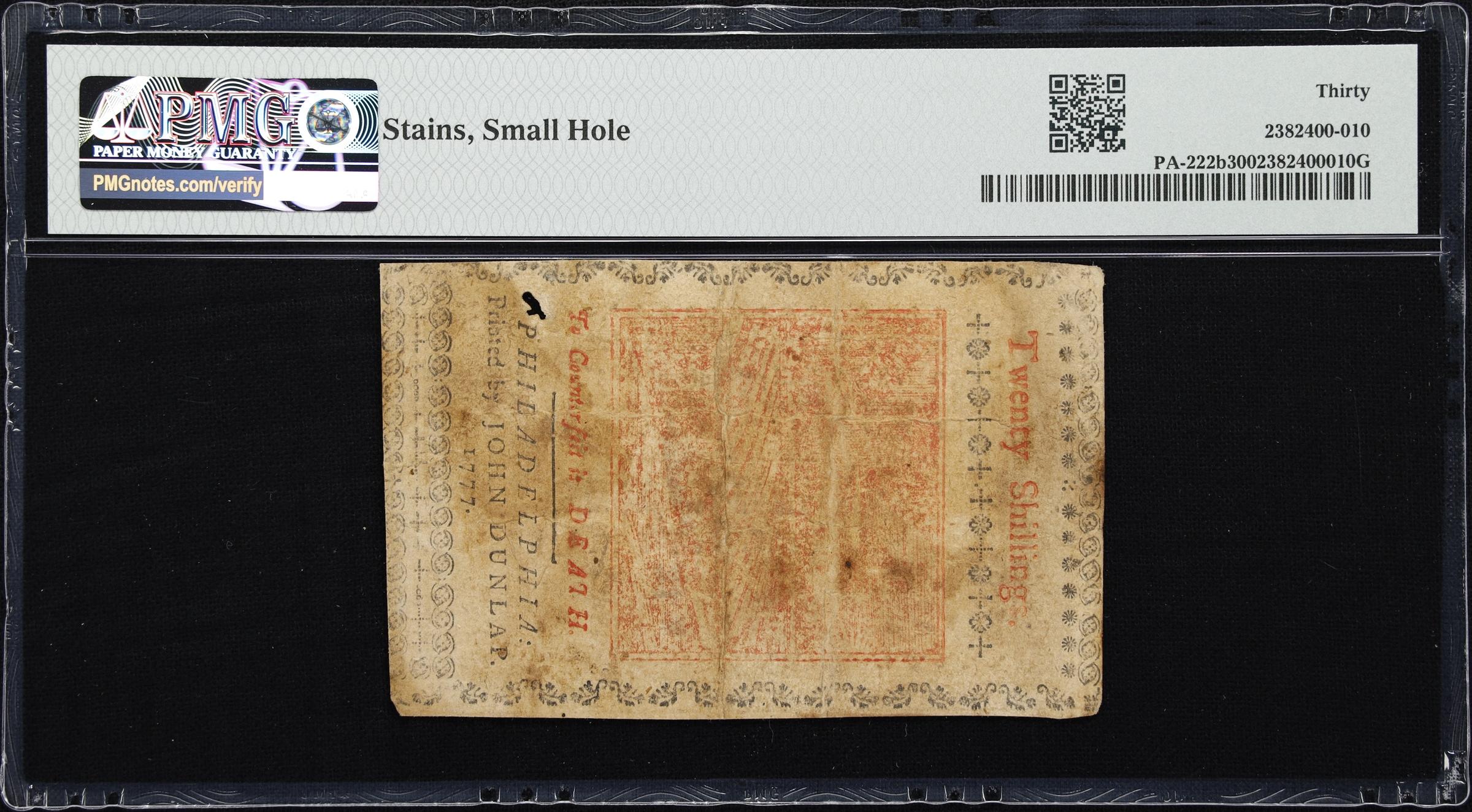 image for: PA-222b. Pennsylvania. April 10, 1777. 20 Shillings. PMG Very Fine 30.