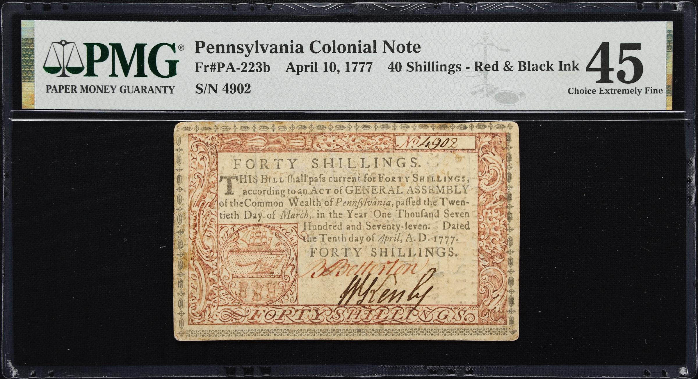 image for: PA-223b. Pennsylvania. April 10, 1777. 40 Shillings. PMG Choice Extremely Fine 45.