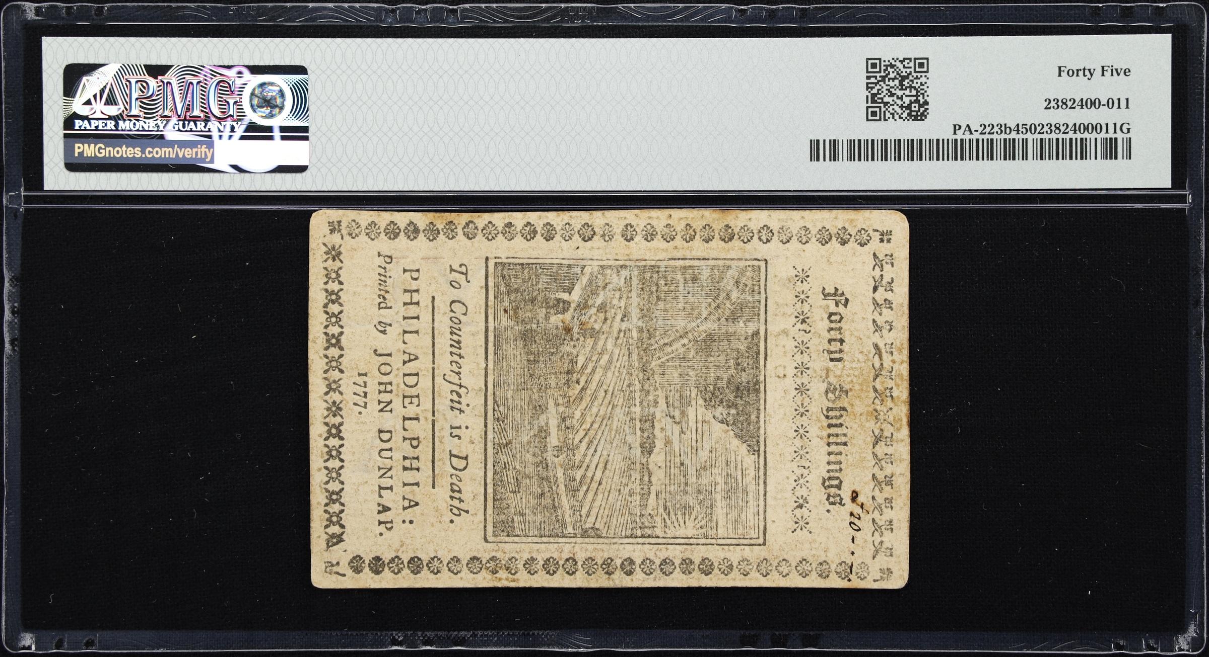 image for: PA-223b. Pennsylvania. April 10, 1777. 40 Shillings. PMG Choice Extremely Fine 45.