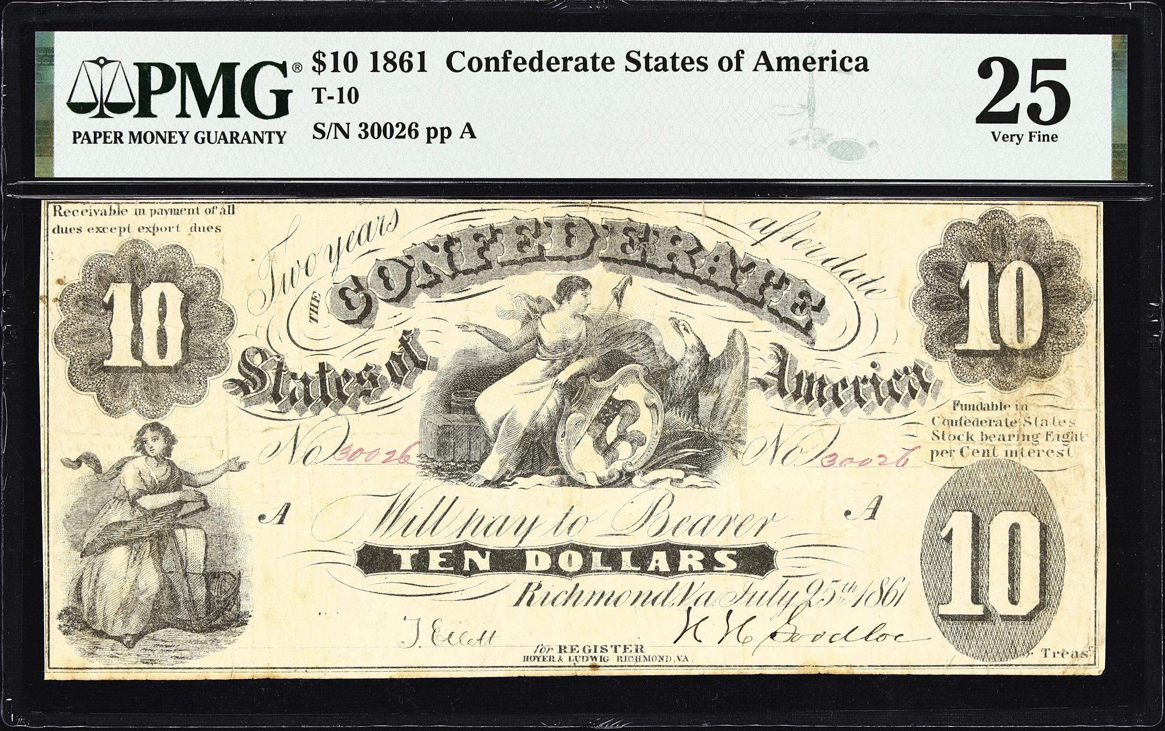 image for: T-10. Confederate Currency. 1861 $10. PMG Very Fine 25.