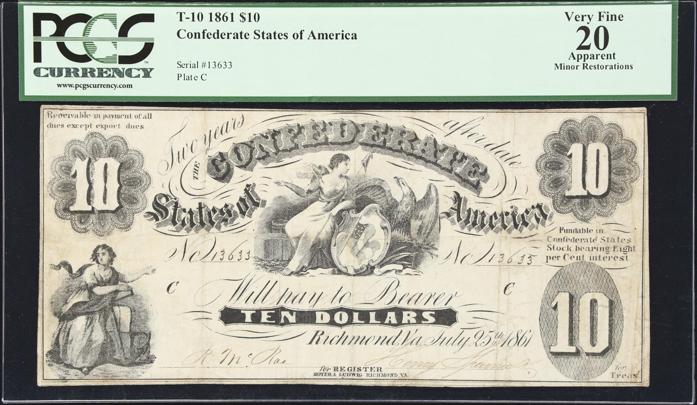 image for: T-10. Confederate Currency. 1861 $10. PCGS Currency Very Fine 20 Apparent. Minor Restorations.
