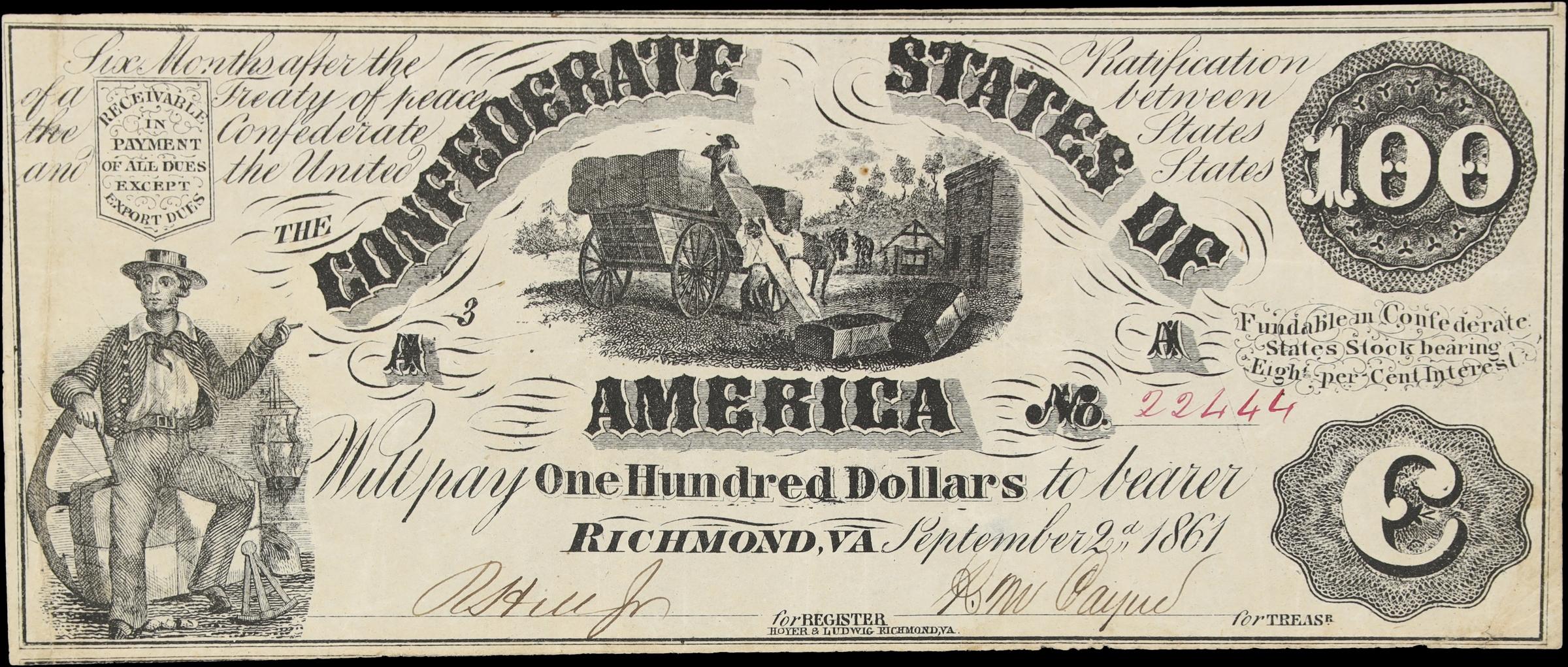 image for: T-13. Confederate Currency. 1861 $100. Very Fine.