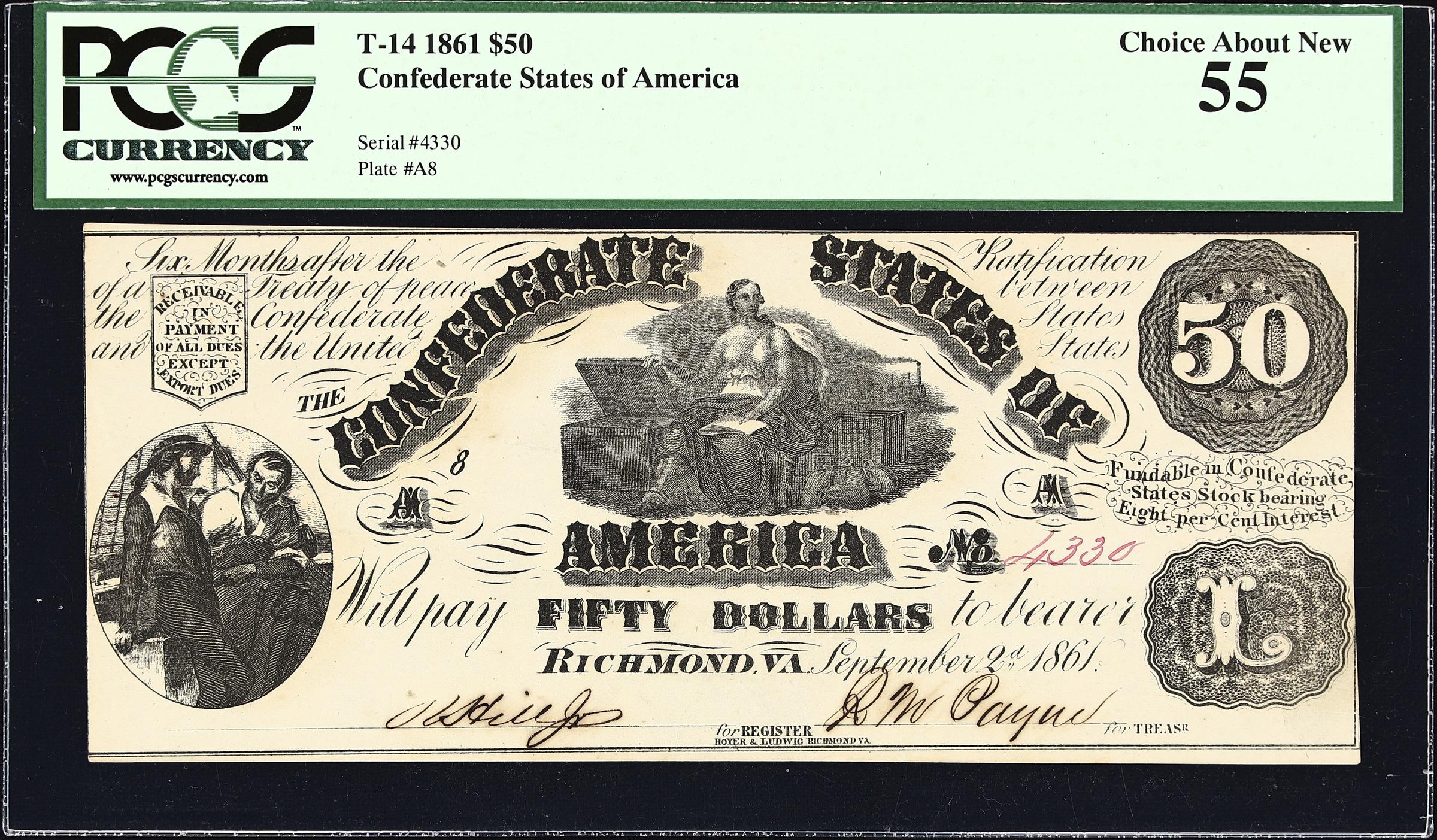 image for: T-14. Confederate Currency. 1861 $50. PCGS Currency Choice About New 55.