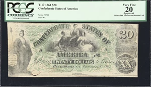 image for: T-17. Confederate Currency. 1861 $20. PCGS Currency Very Fine 20 Apparent. Minor Ink Erosion at Bottom Left.