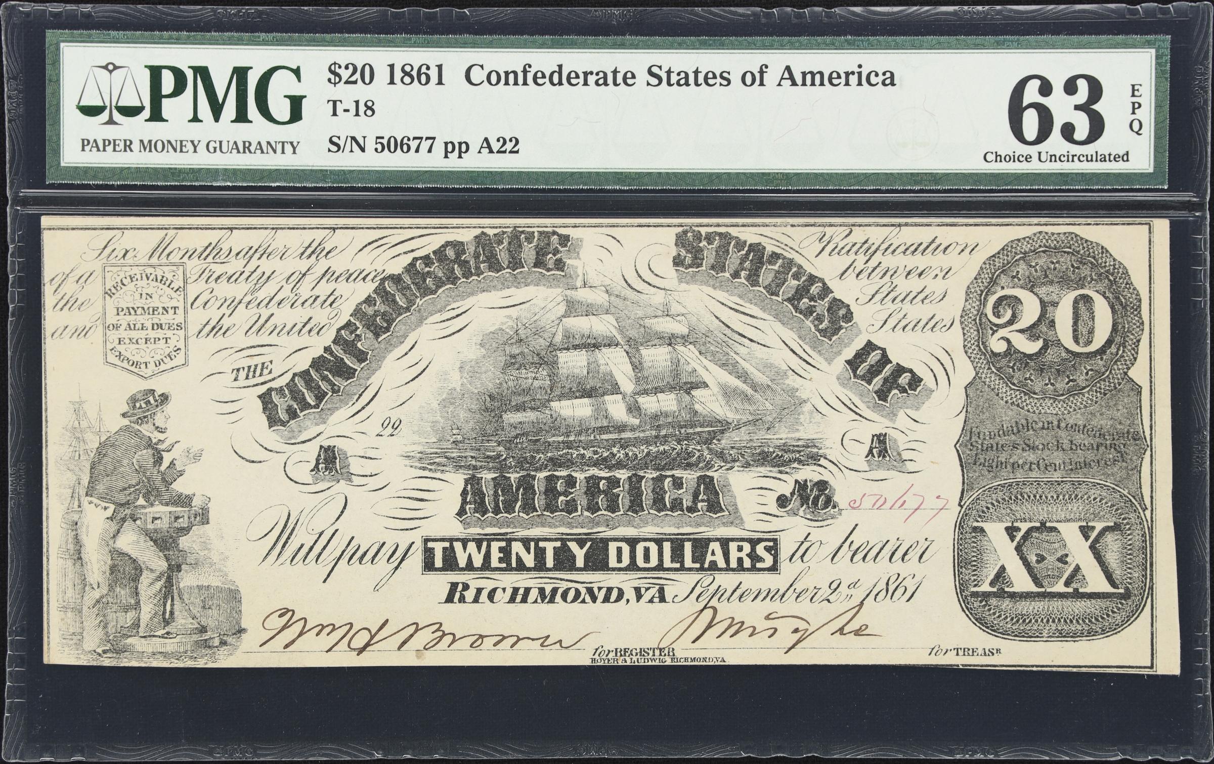 image for: T-18. Confederate Currency. 1861 $20. PMG Choice Uncirculated 63 EPQ.
