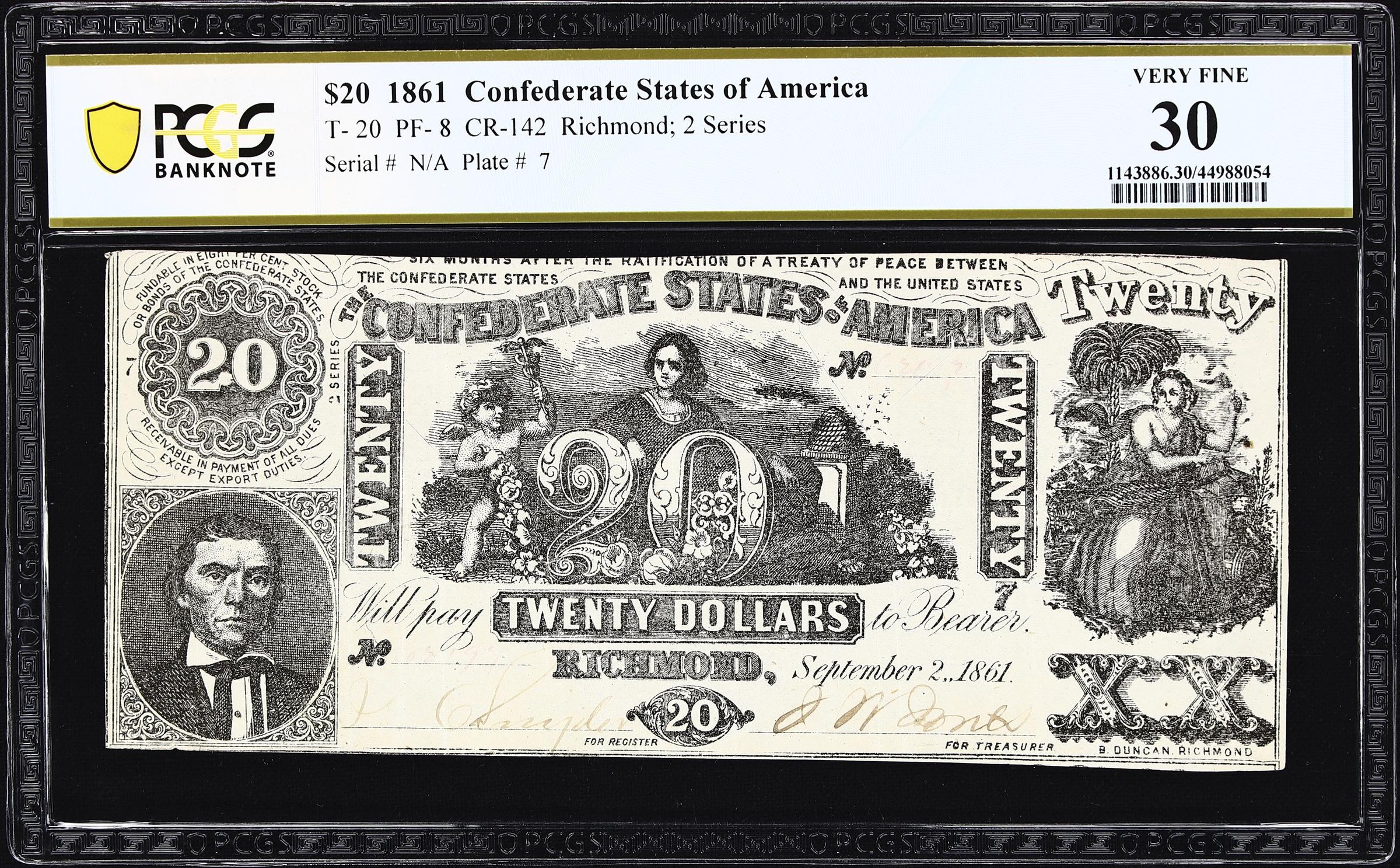 image for: T-20. Confederate Currency. 1861 $20. PCGS Banknote Very Fine 30.