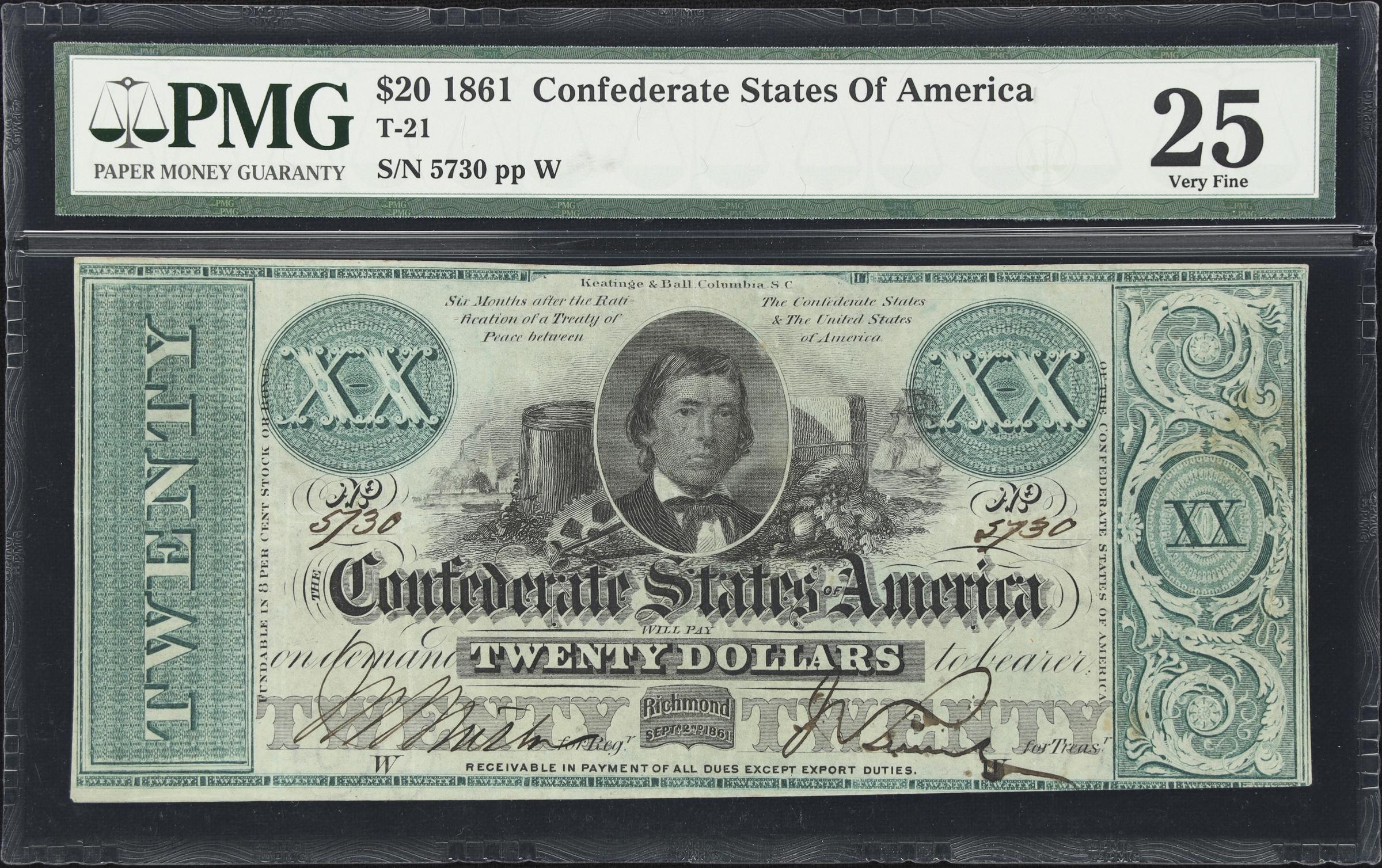image for: T-21. Confederate Currency. 1861 $20. PMG Very Fine 25.