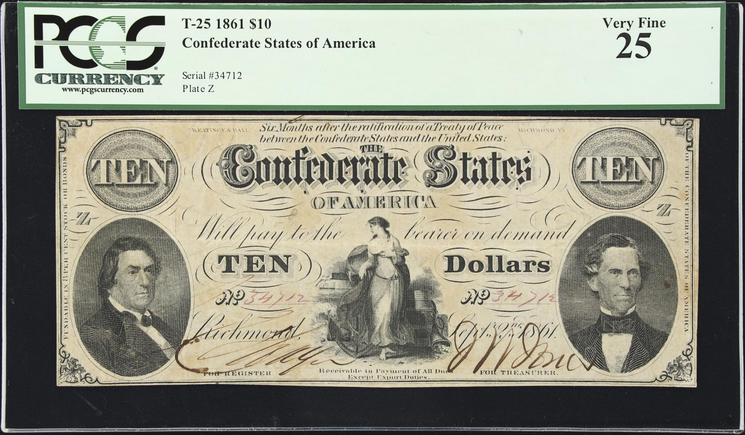 image for: T-25. Confederate Currency. 1861 $10. PCGS Currency Very Fine 25.