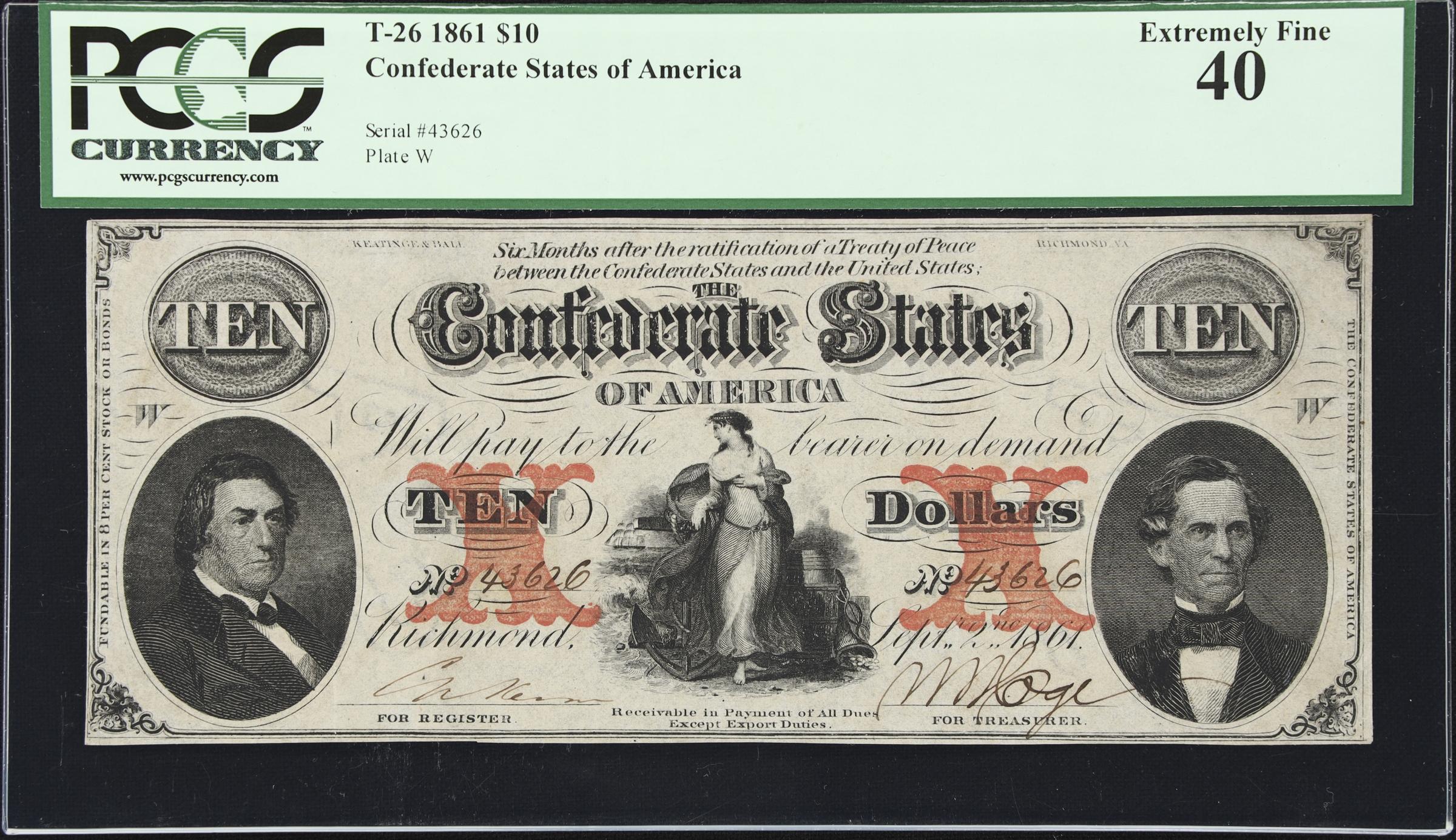 image for: T-26. Confederate Currency. 1861 $10. PCGS Currency Extremely Fine 40.