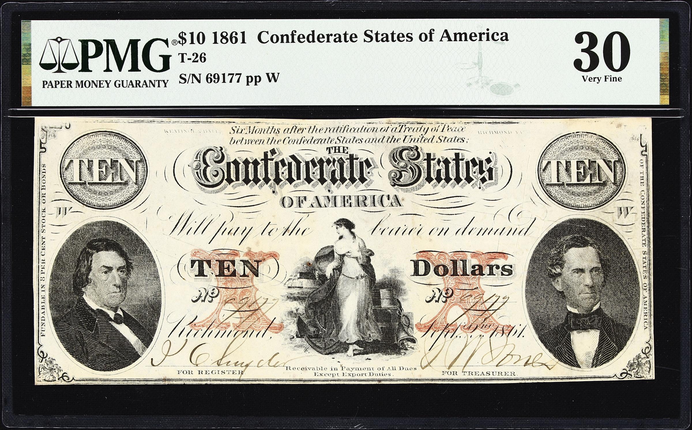 image for: T-26. Confederate Currency. 1861 $10. PMG Very Fine 30.