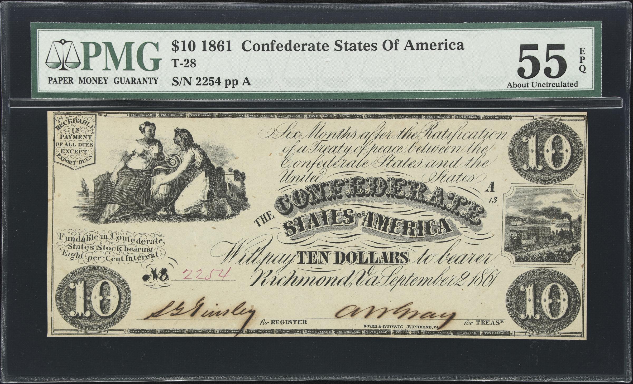 image for: T-28. Confederate Currency. 1861 $10. PMG About Uncirculated 55 EPQ.