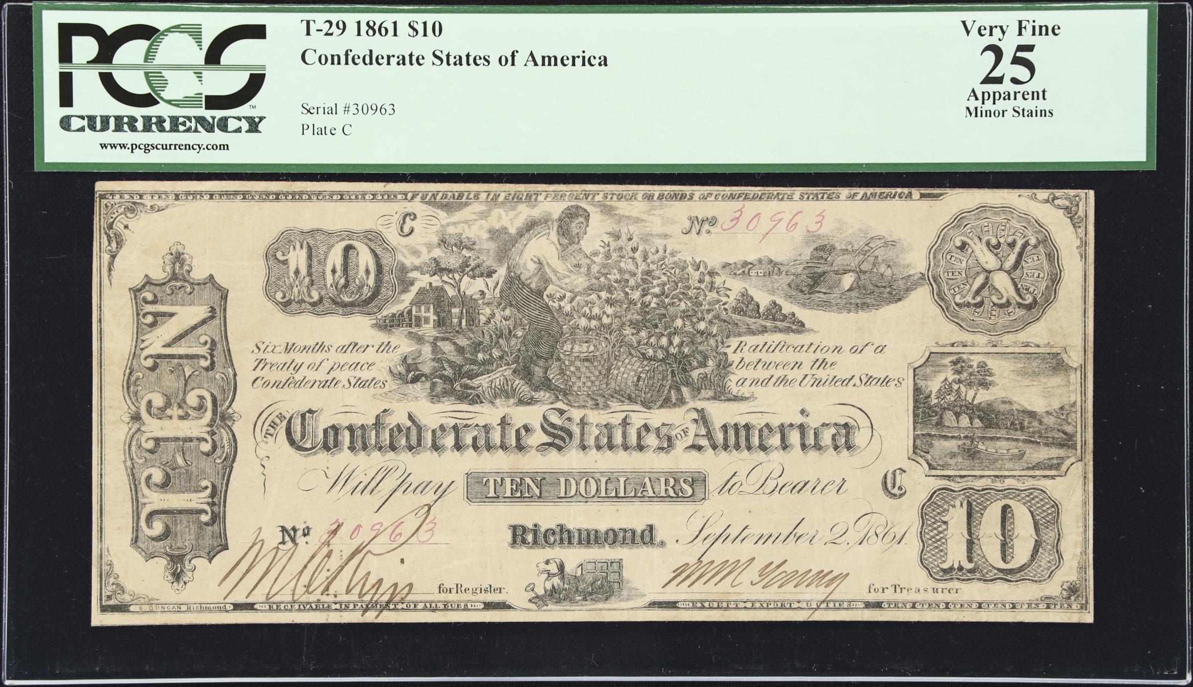 image for: T-29. Confederate Currency. 1861 $10. PCGS Currency Very Fine 25 Apparent. Minor Stains.