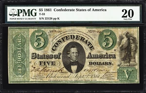 image for: T-33. Confederate Currency. 1861 $5. PMG Very Fine 20.