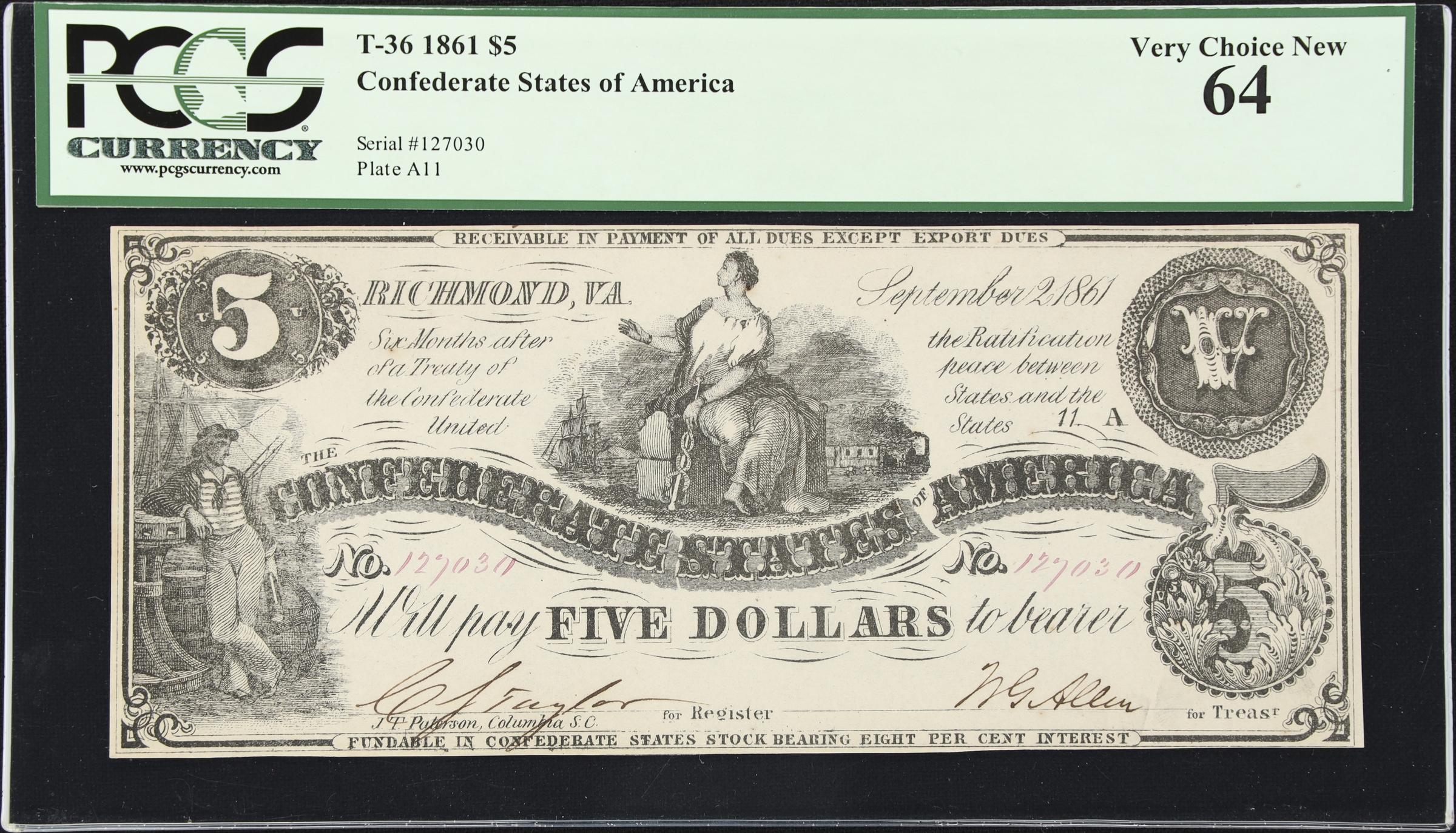 image for: T-36. Confederate Currency. 1861 $5. PCGS Currency Very Choice New 64.