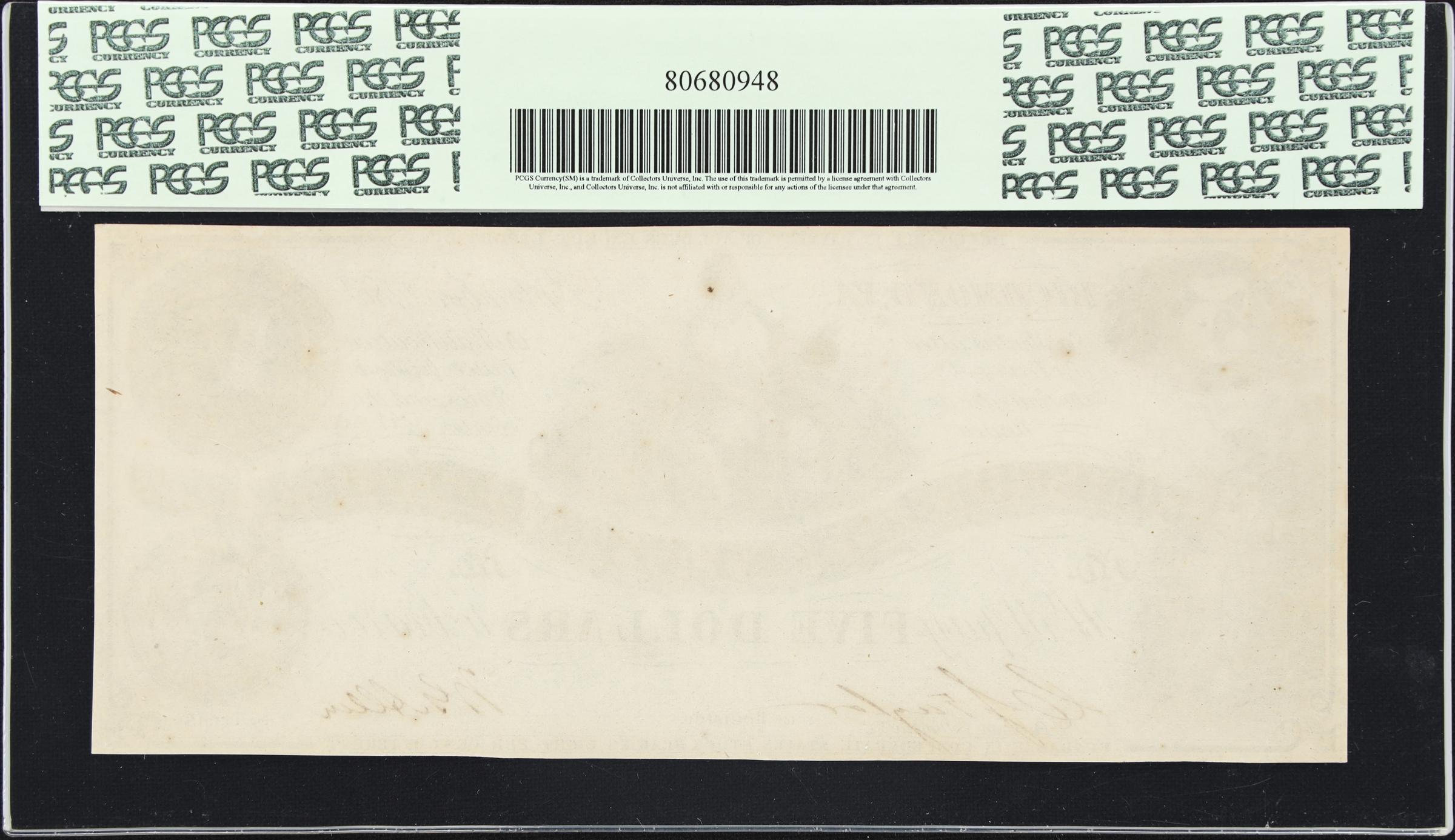 image for: T-36. Confederate Currency. 1861 $5. PCGS Currency Very Choice New 64.