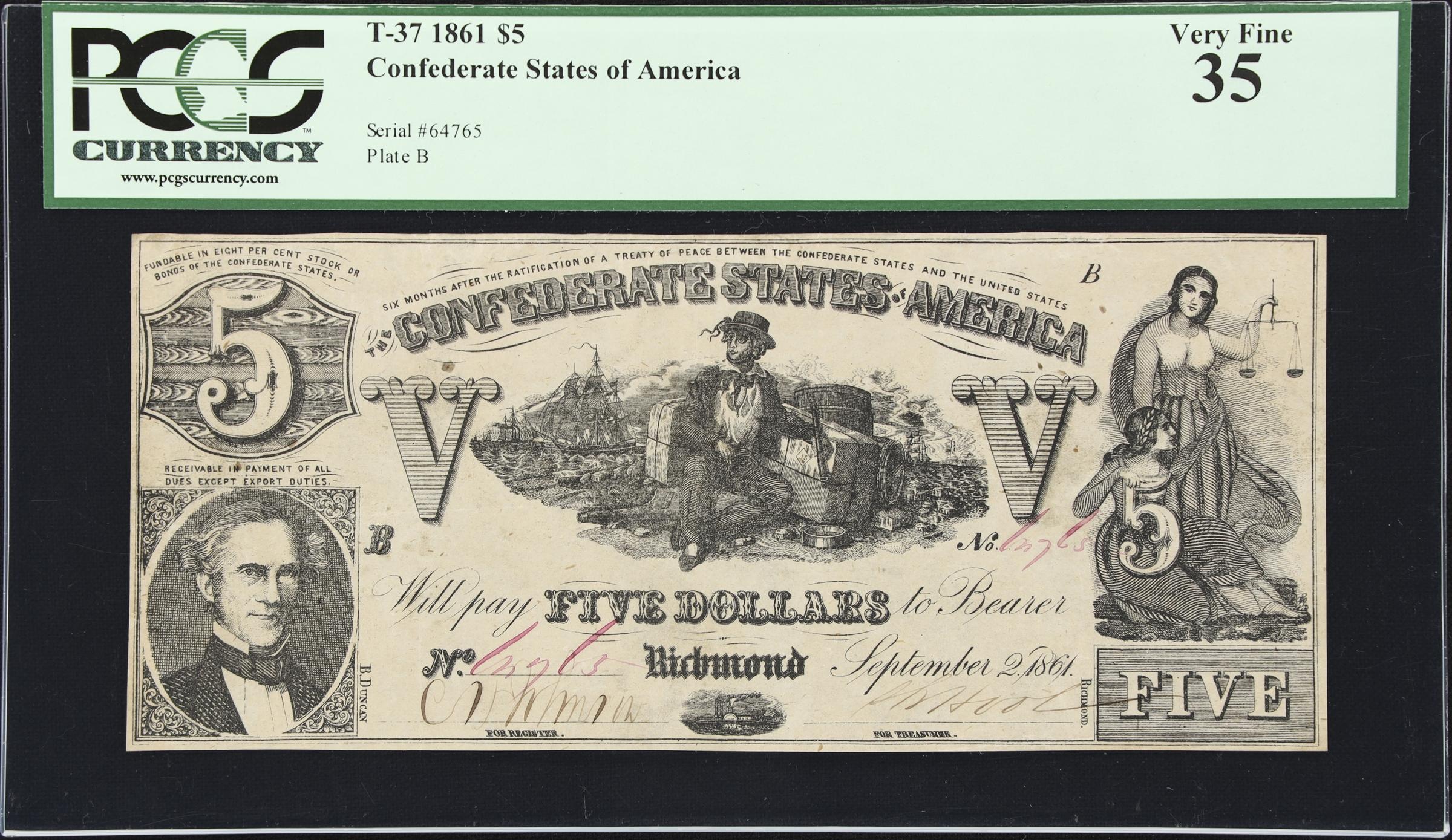 image for: T-37. Confederate Currency. 1861 $5. PCGS Currency Very Fine 35.