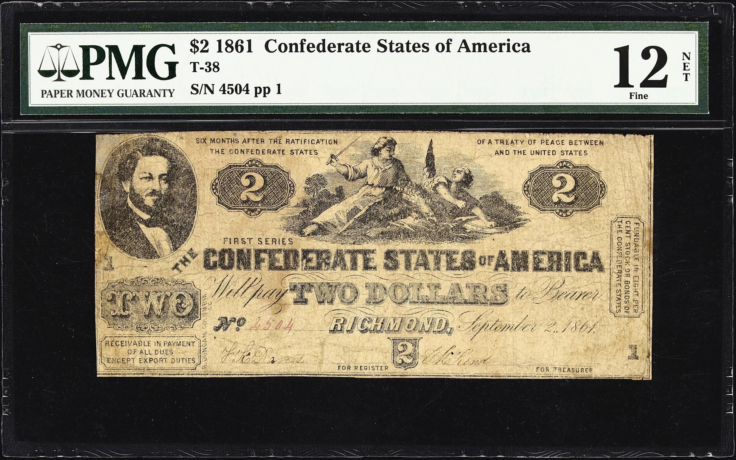 image for: T-38. Confederate Currency. 1861 $2. PMG Fine 12 Net. Repaired, Annotations.